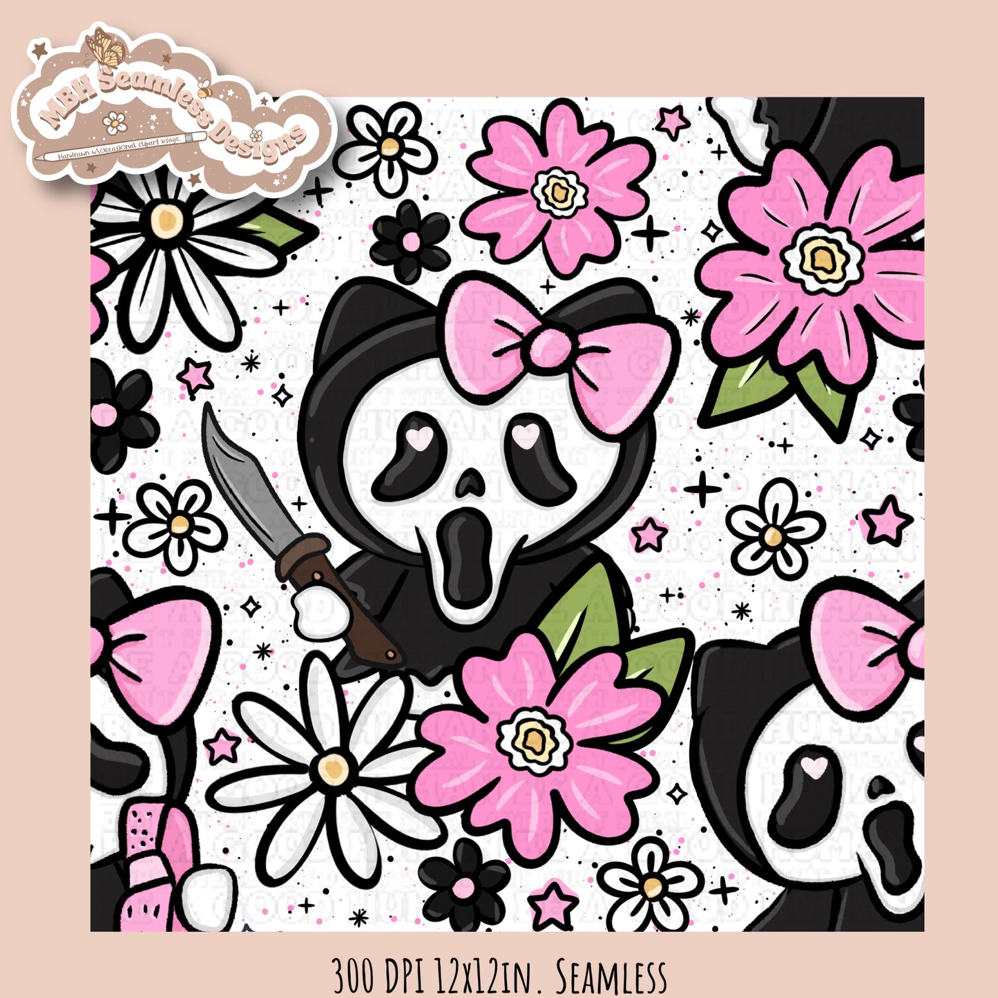 HK X Scream Tattoo Floral Seamless Pattern // PNG // Multiple Colorway Options