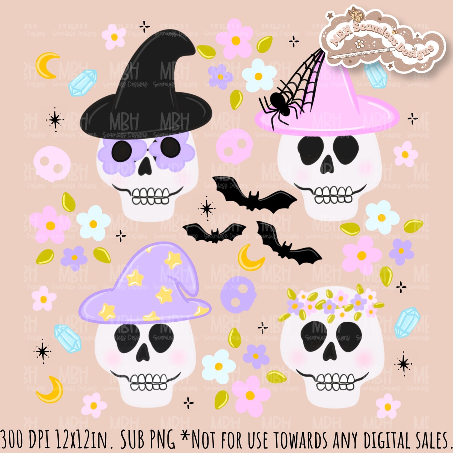 Boho Spooky Skulls Seamless Pattern // PNG // Assorted Colorway Options