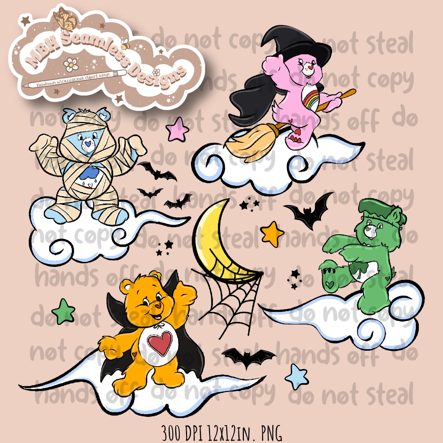 Spooky Care Bears Seamless Pattern // PNG • MULTIPLE COLORWAYS