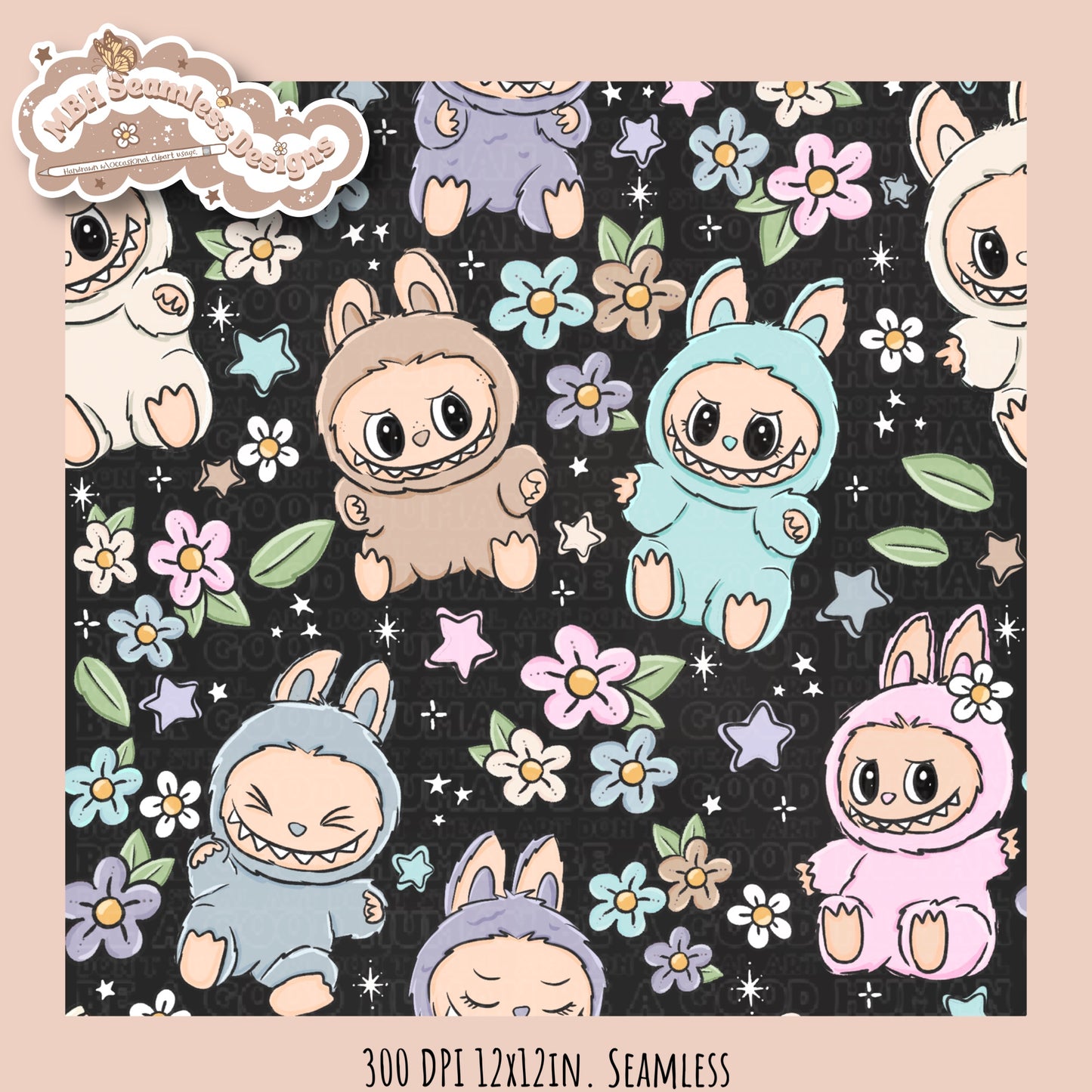 Labubu Floral Seamless Pattern & PNGs Assorted Colorway Options