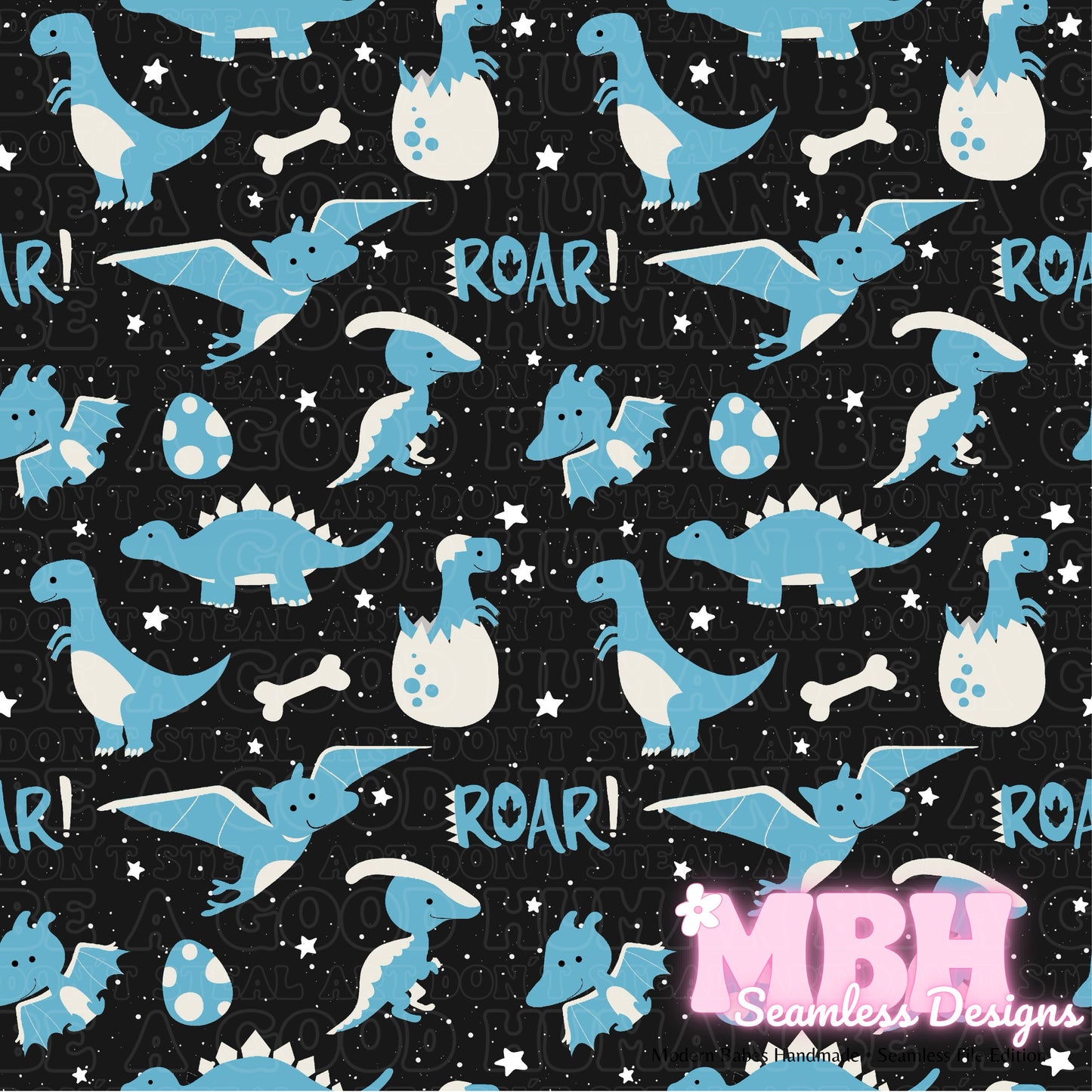 Starry Blue Dinosaurs Seamless Pattern