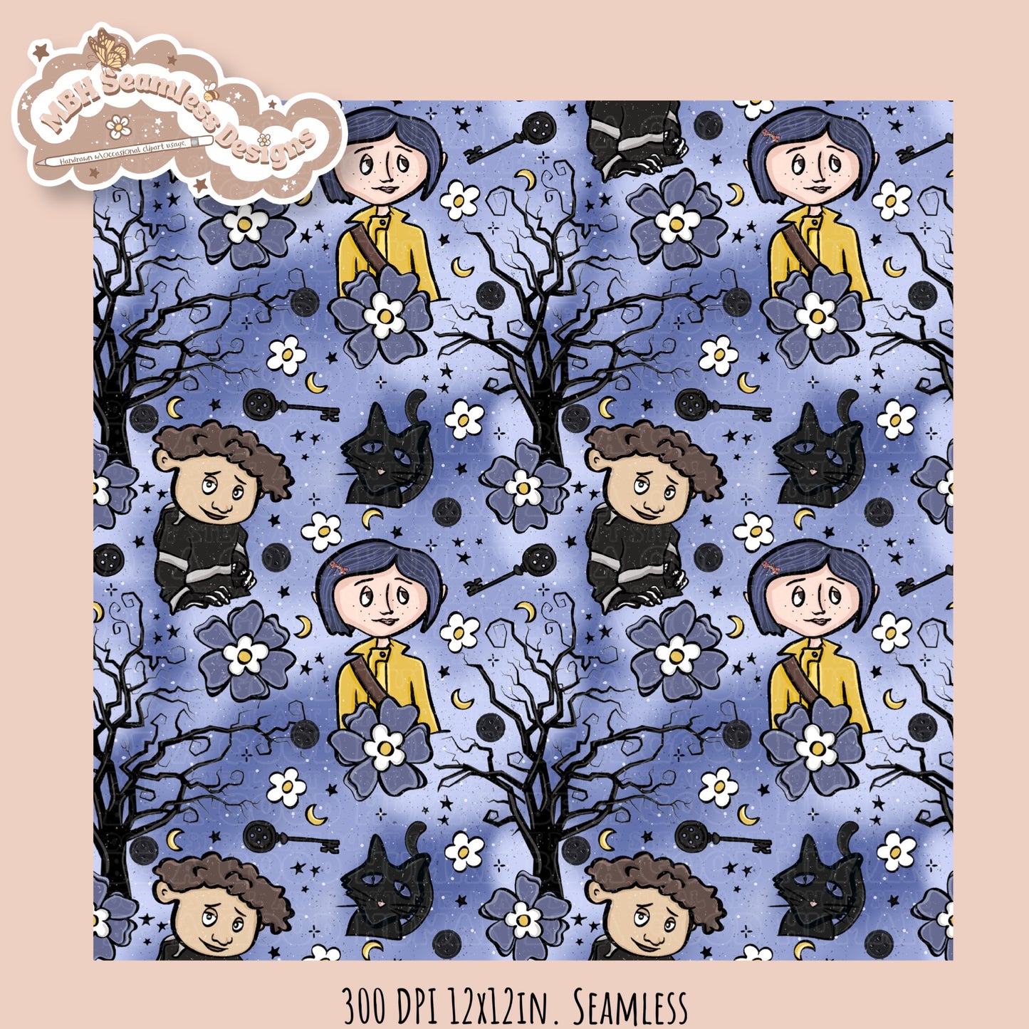 Bohemian Floral Button Eye Girl Seamless Pattern // PNG // Assorted Colorway Options