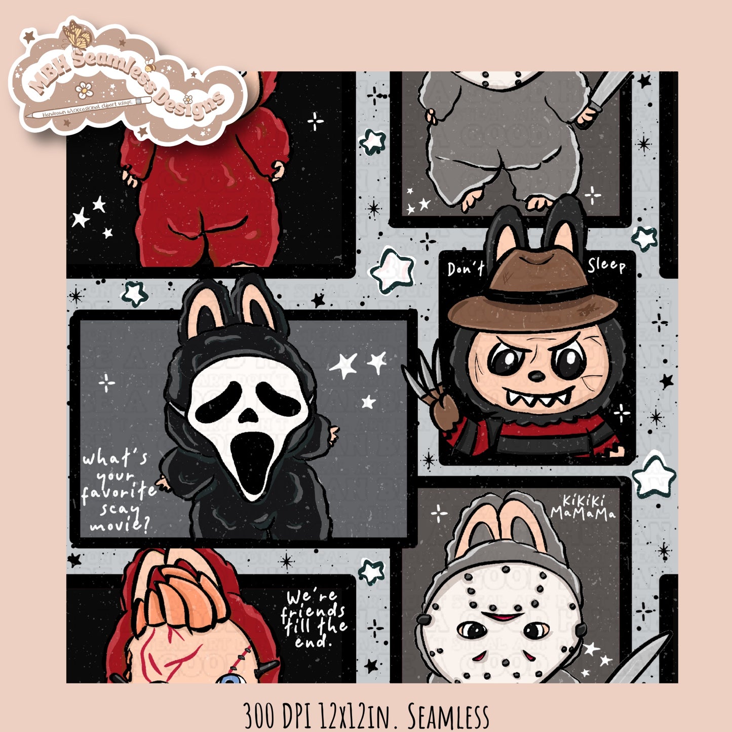 Labubu x Horror Seamless Pattern // PNG // Multiple Colorway Options
