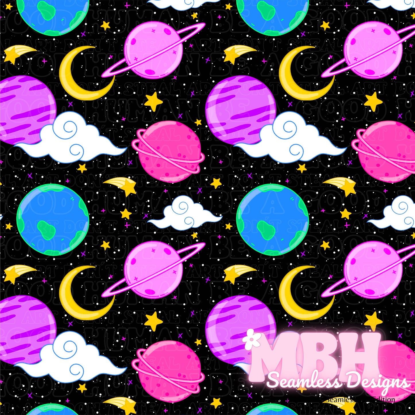 Midnight Neon Galaxy Seamless Pattern
