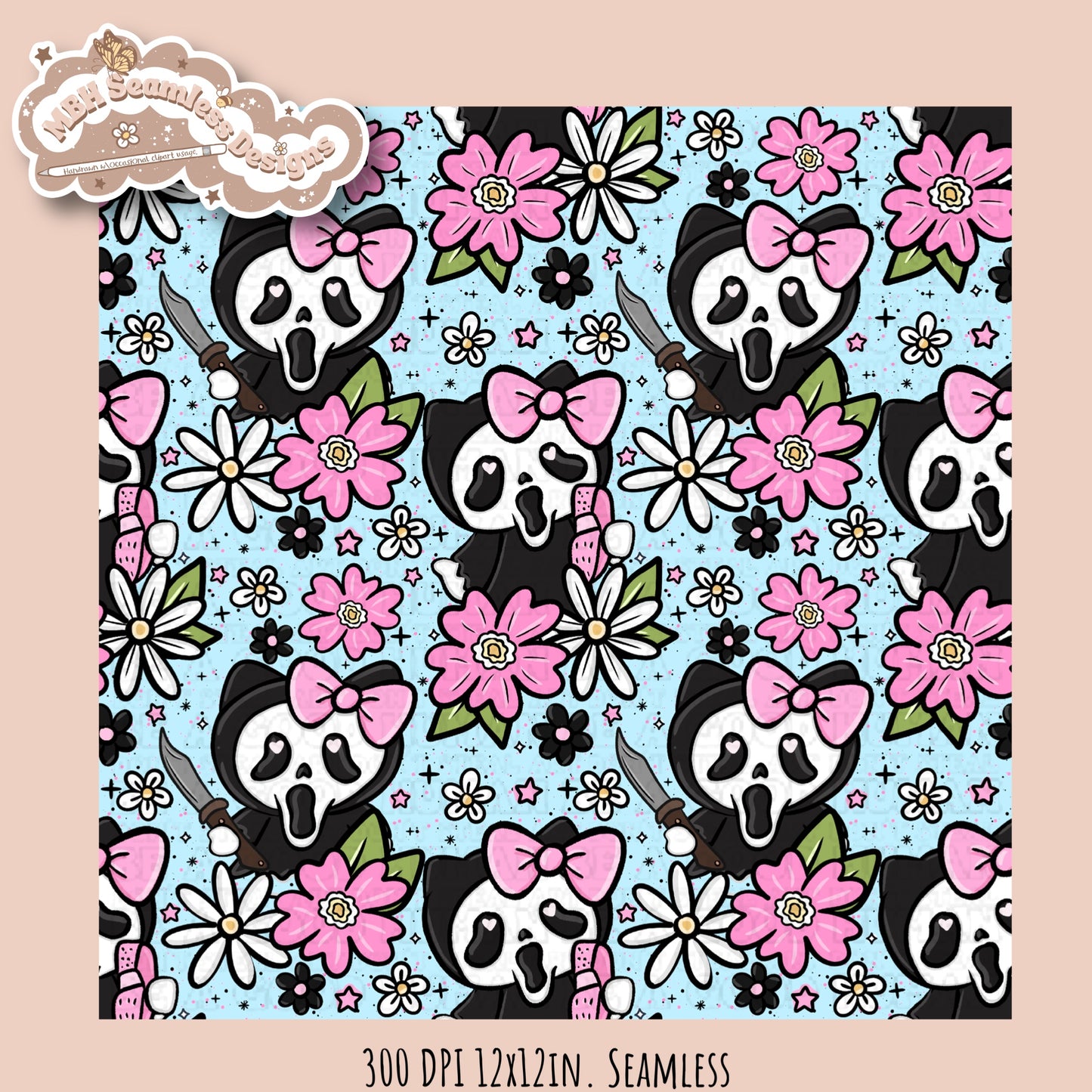HK X Scream Tattoo Floral Seamless Pattern // PNG // Multiple Colorway Options