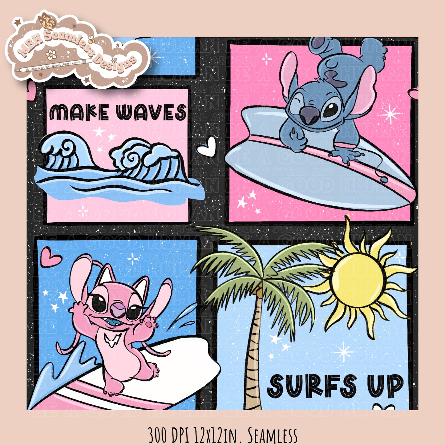 Angel & Stitch Surf Seamless Pattern•Multiple Colorway Options