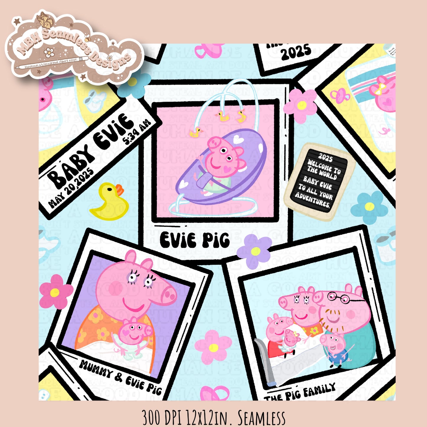 Black Outline Evie Pig Polaroids Seamless Pattern • Multiple Colorway Options