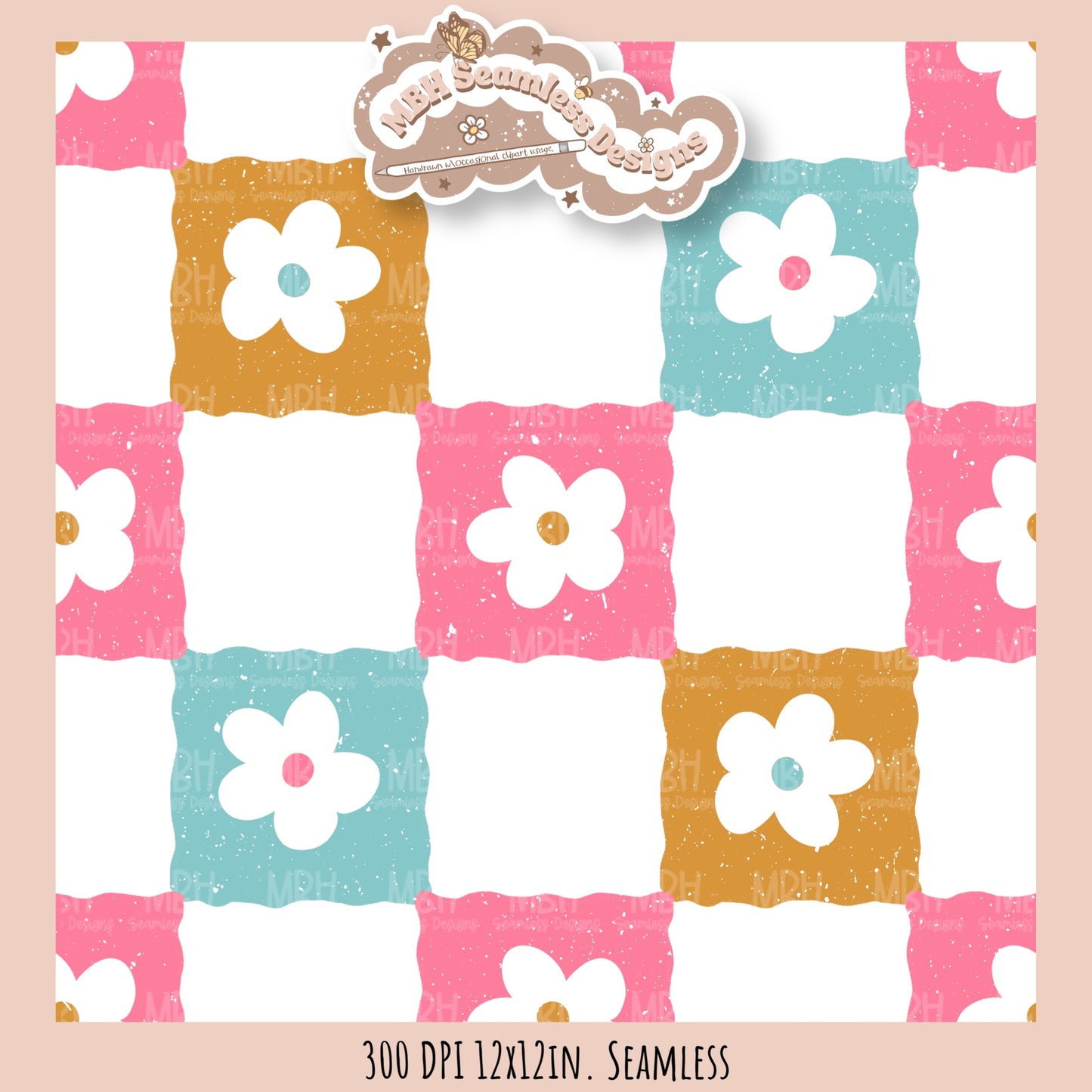 Retro Checkered Flowers Seamless Pattern // Two Options