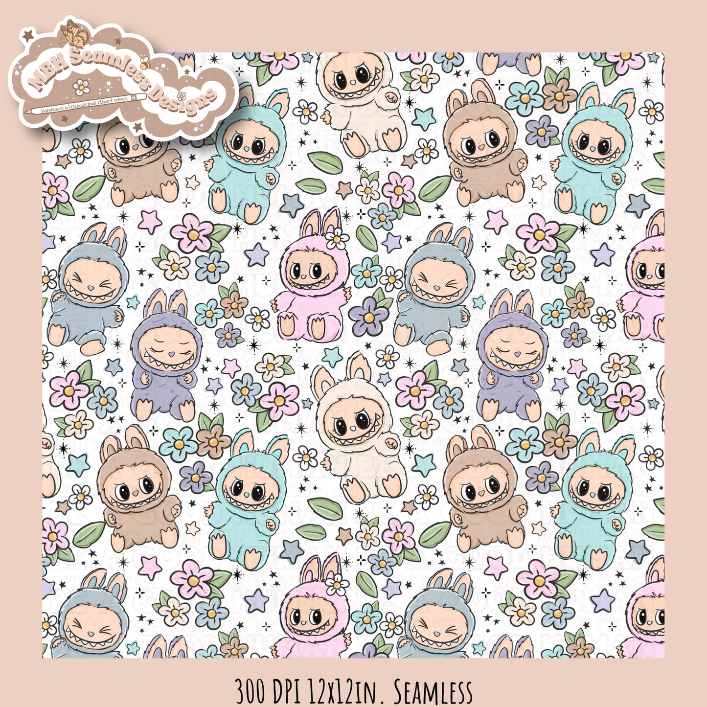 Labubu Floral Seamless Pattern & PNGs Assorted Colorway Options