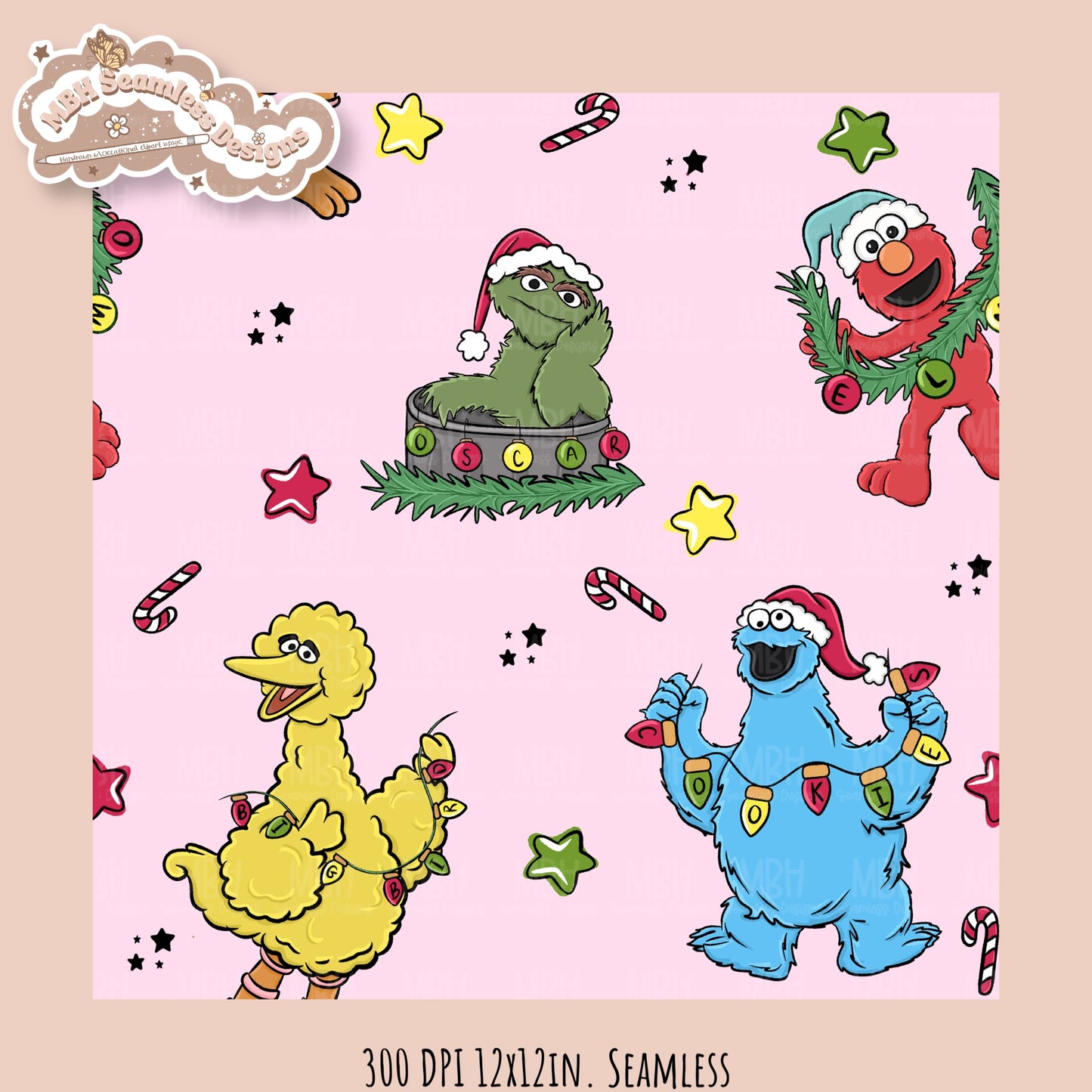 Christmas Sesame Street Seamless Pattern // PNG // Assorted Colorways