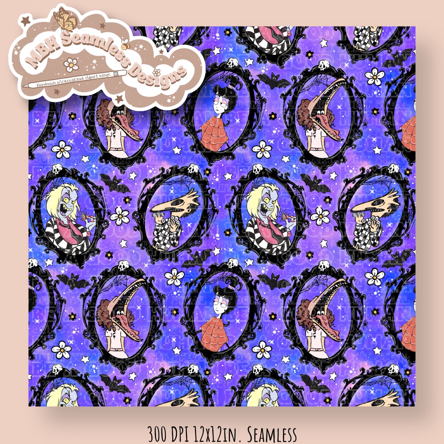 Floral Bats Beetlejuice Spooky Frames Seamless Pattern MULTIPLE COLORWAYS