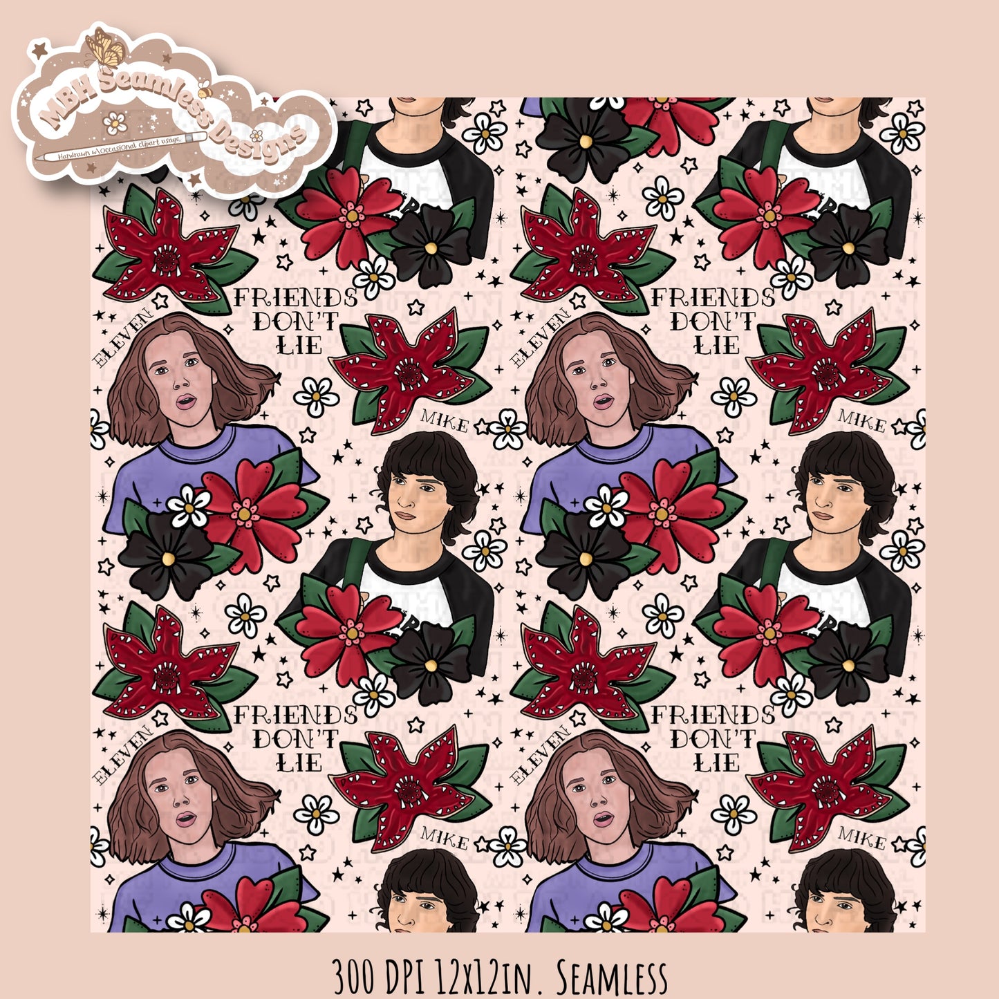 Stranger Things x Tattoo Floral Seamless Pattern // PNG //Multiple Colorways