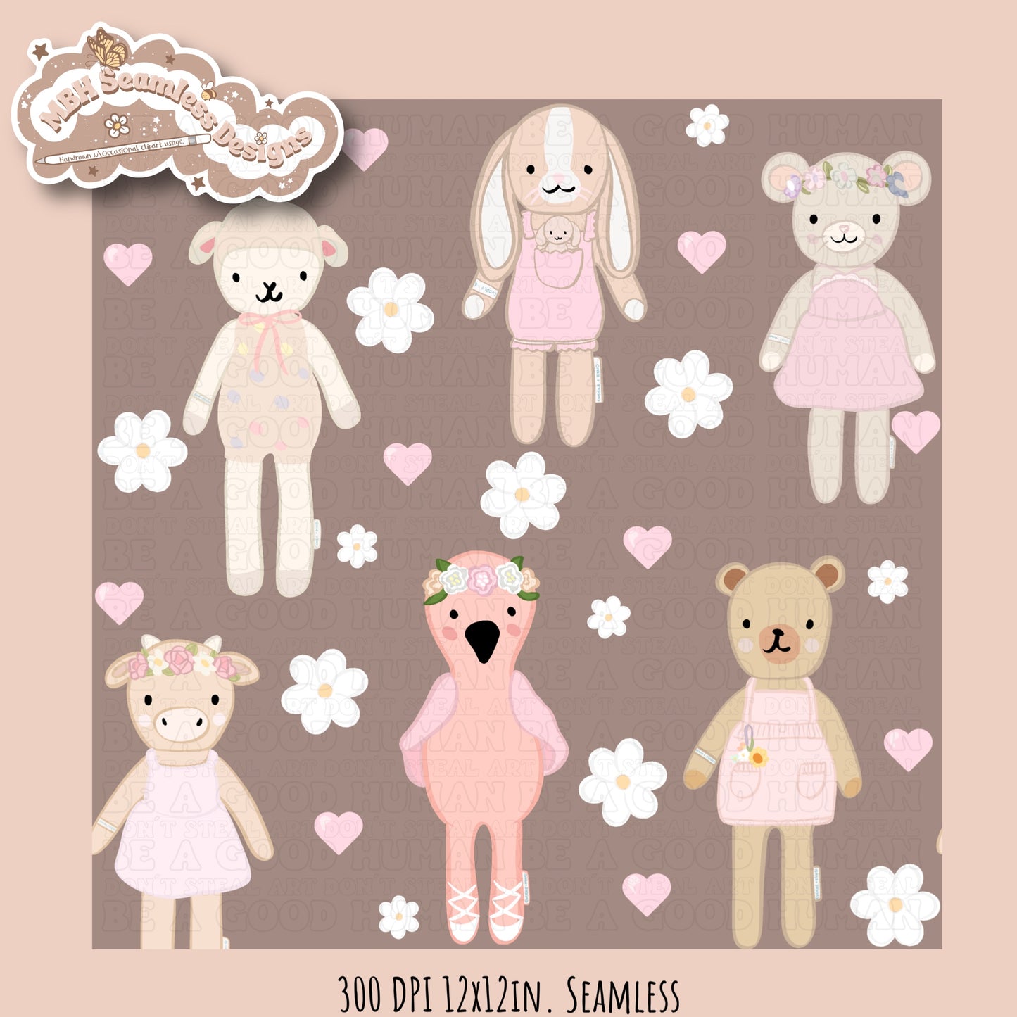 Cuddle + Kind Dolls Dainty Floral Hearts Seamless Pattern // Multiple Colorways