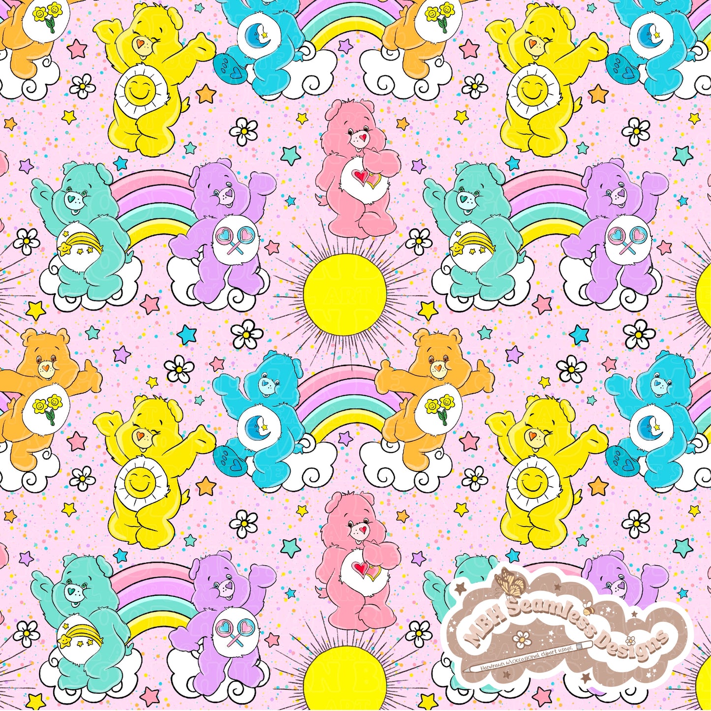 Starry Daisy Care Bears Seamless Pattern & PNG MULTIPLE COLORWAYS