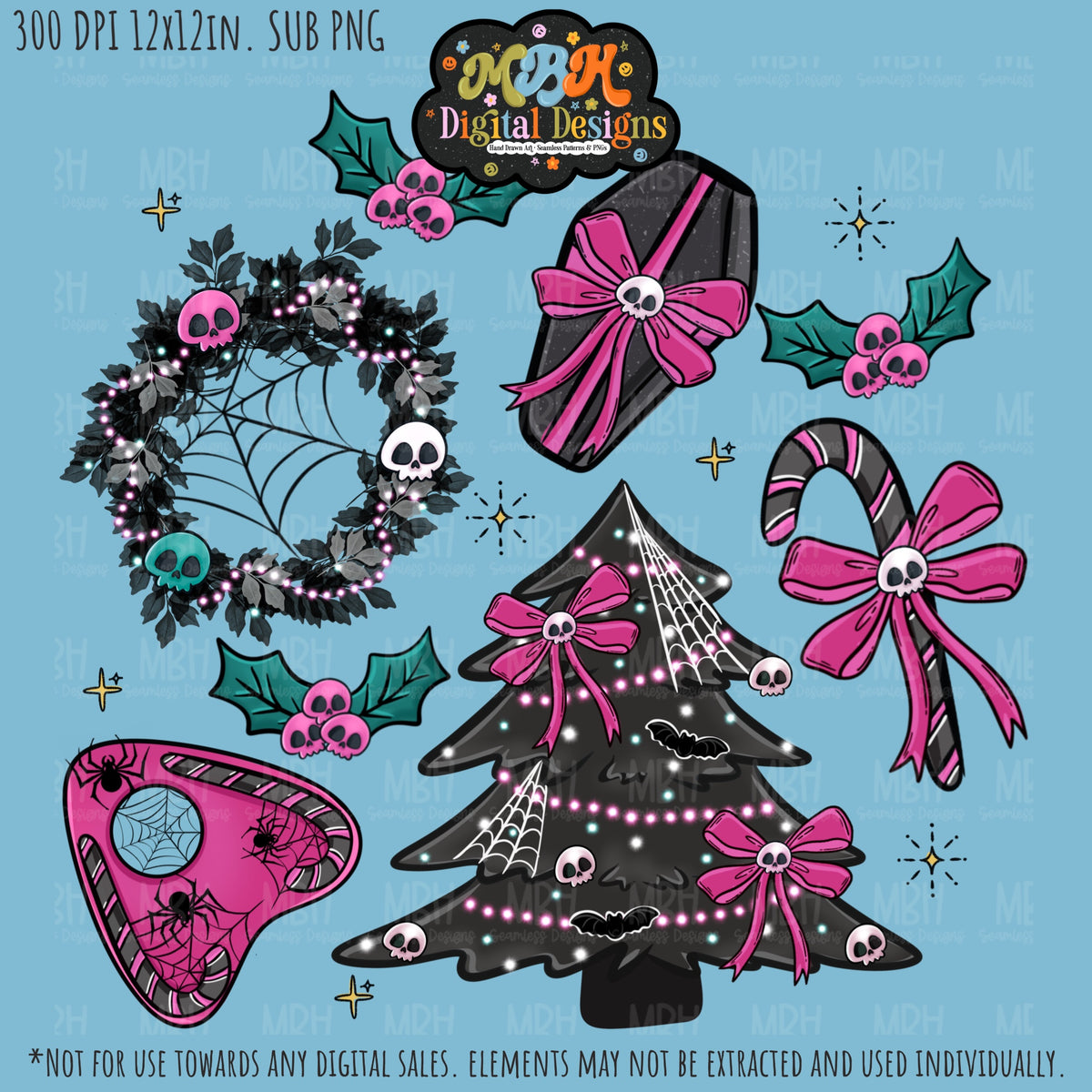 Creepy Christmas Skulls Seamless Pattern // PNG // MULTIPLE COLORWAYS