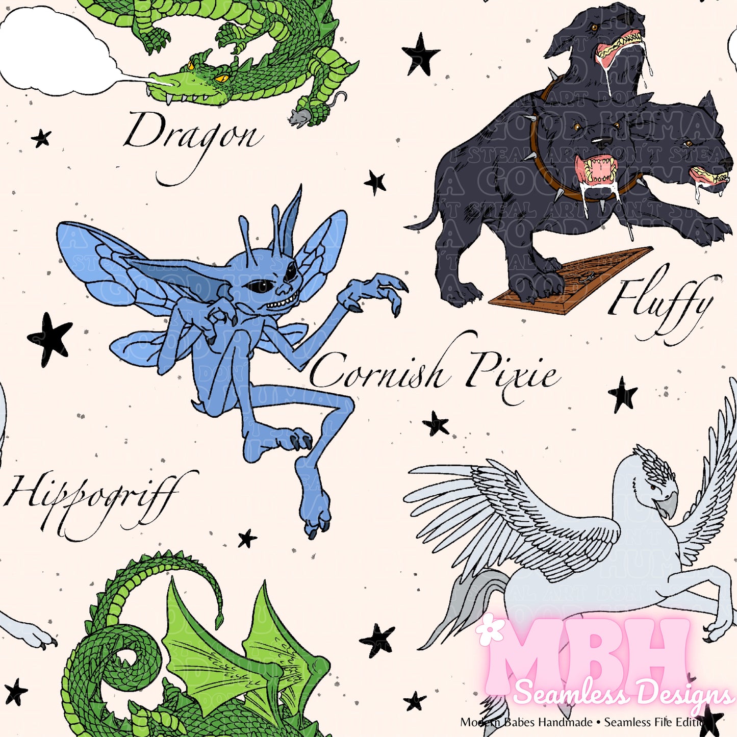 Starry HP Creatures Seamless Pattern