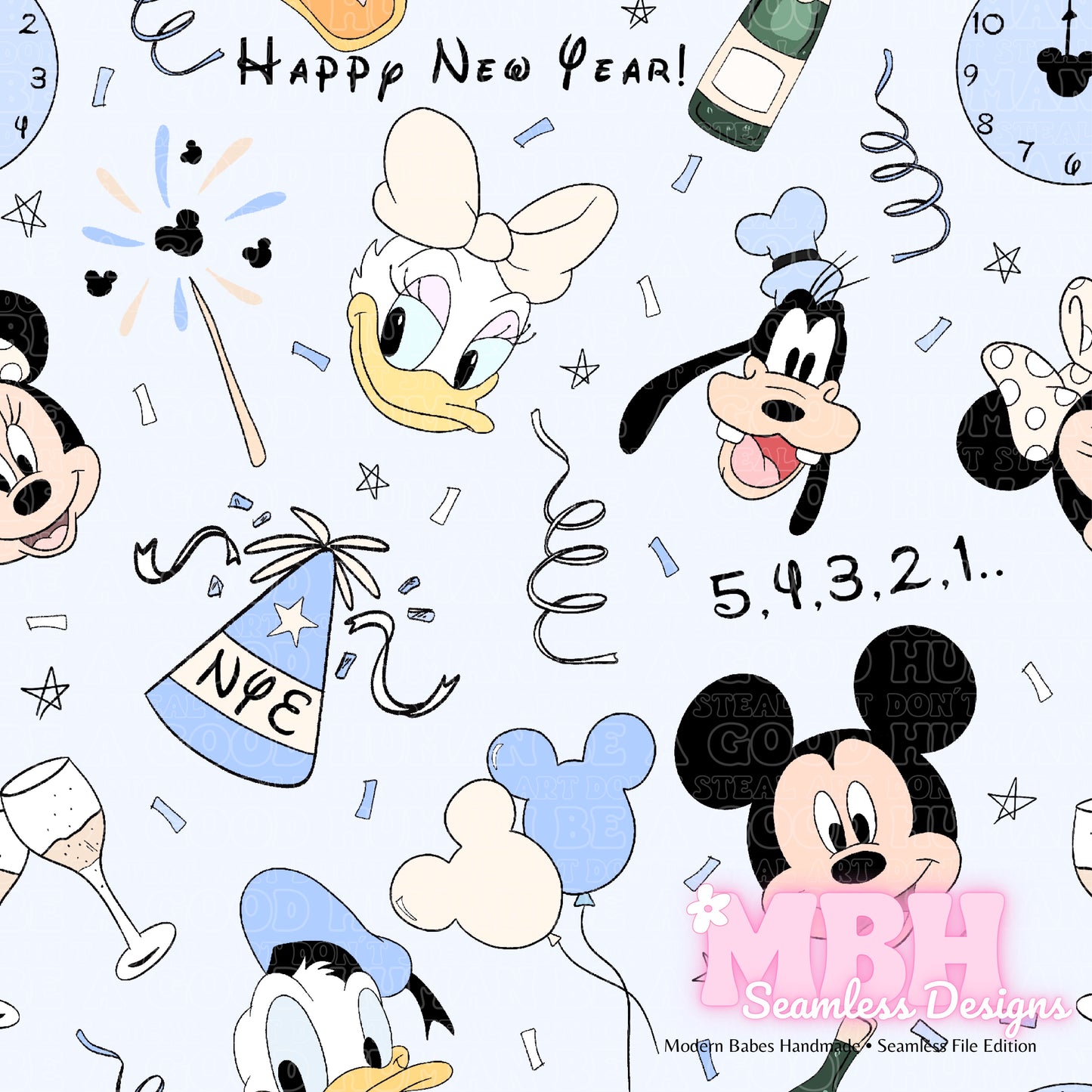 Blue Magical Friends New Year Seamless Pattern