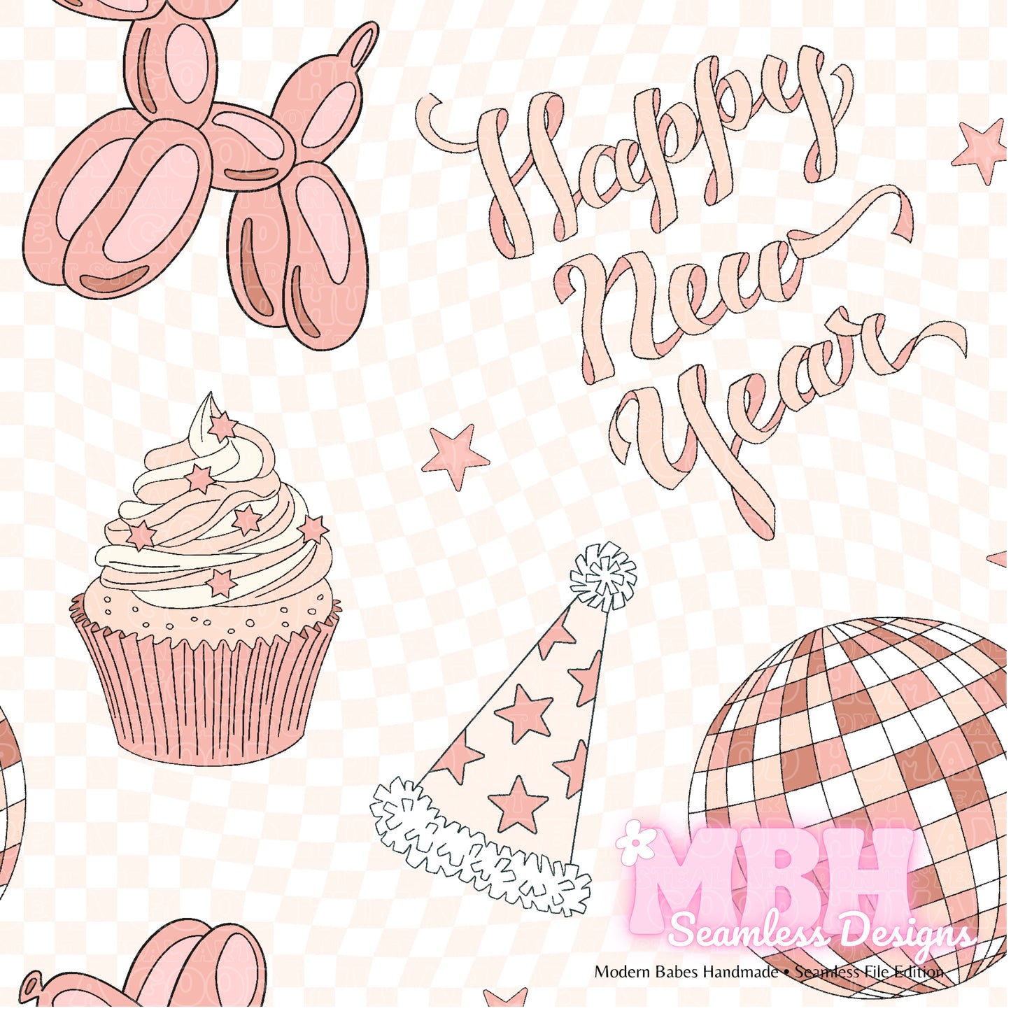 Checkered Happy New Years 2 Colorways Seamless Pattern