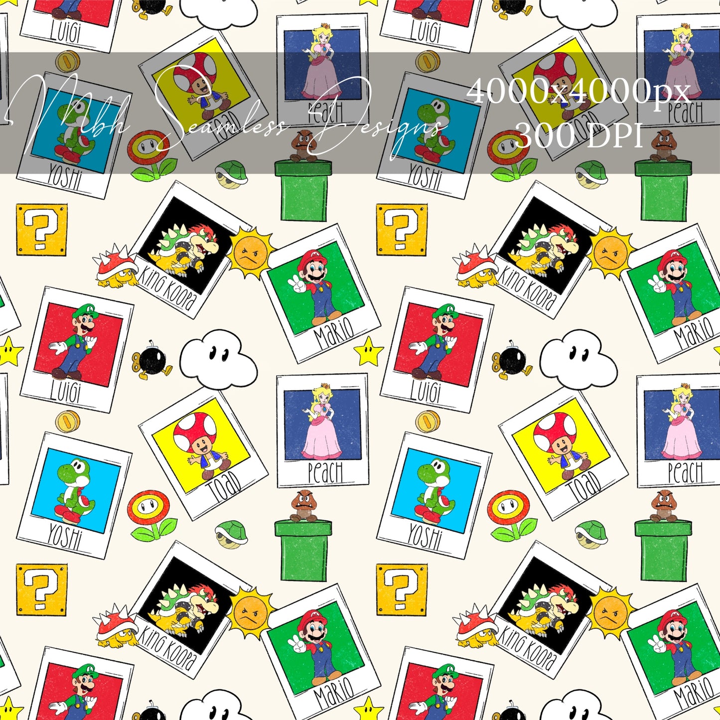 Mario and Friends Polaroids Seamless Pattern
