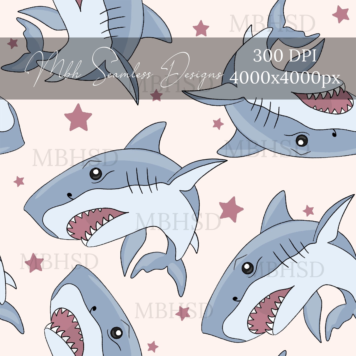Red Star Sharks Seamless Pattern