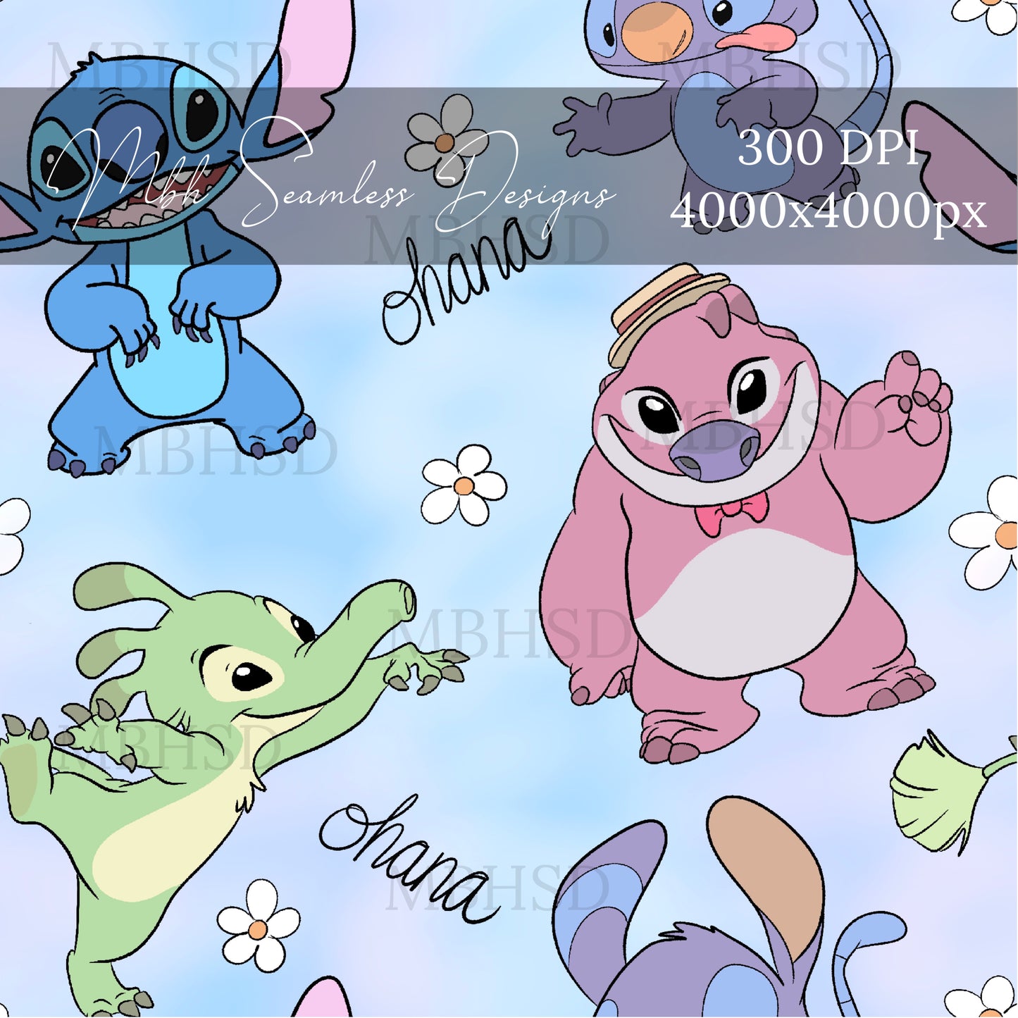 Ohana Stitch & Cousins Daisies Seamless Pattern