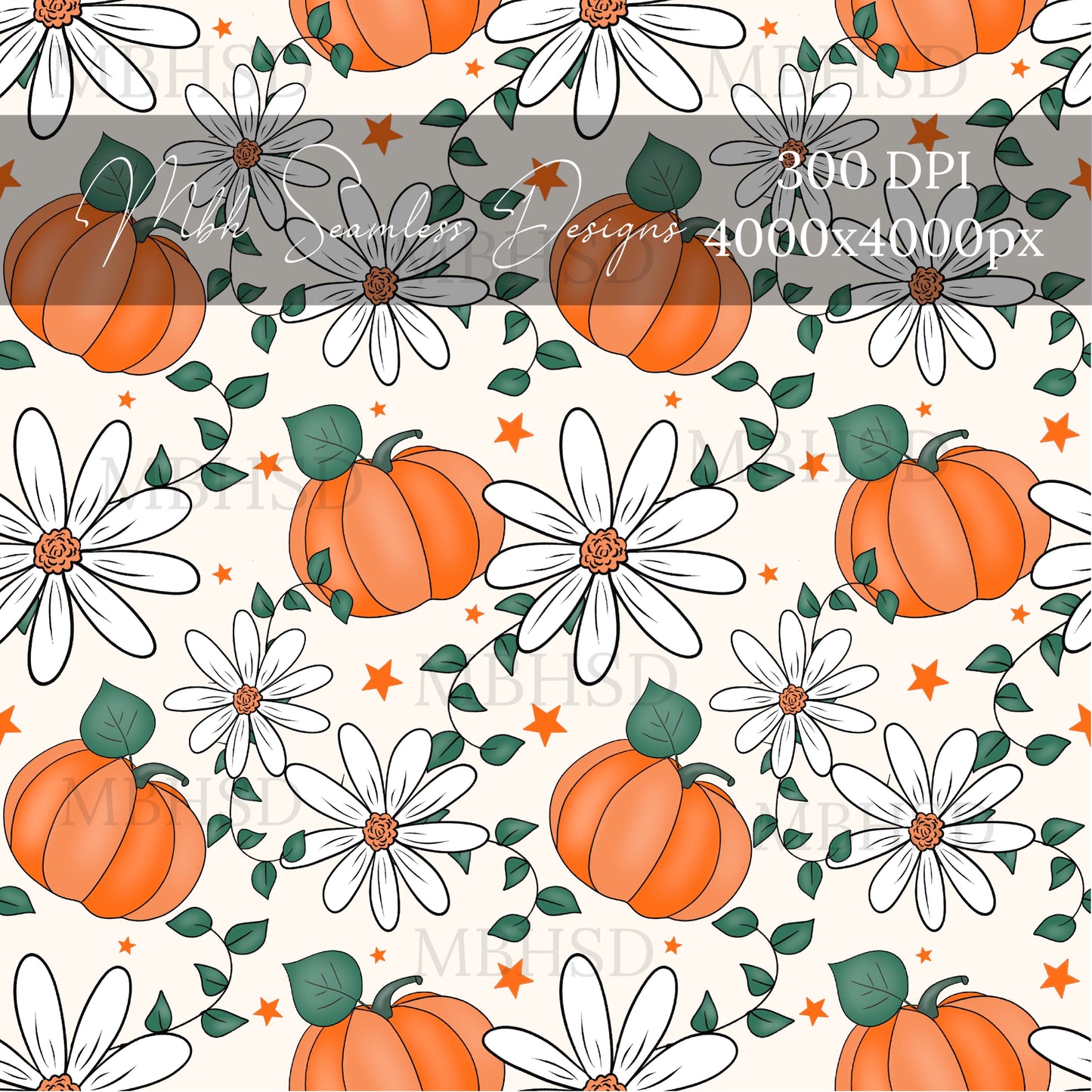 Starry Pumpkin Daisies Seamless Pattern