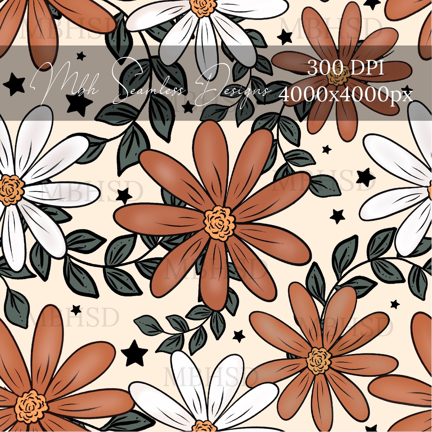 Rust Starry Daisies Seamless Pattern
