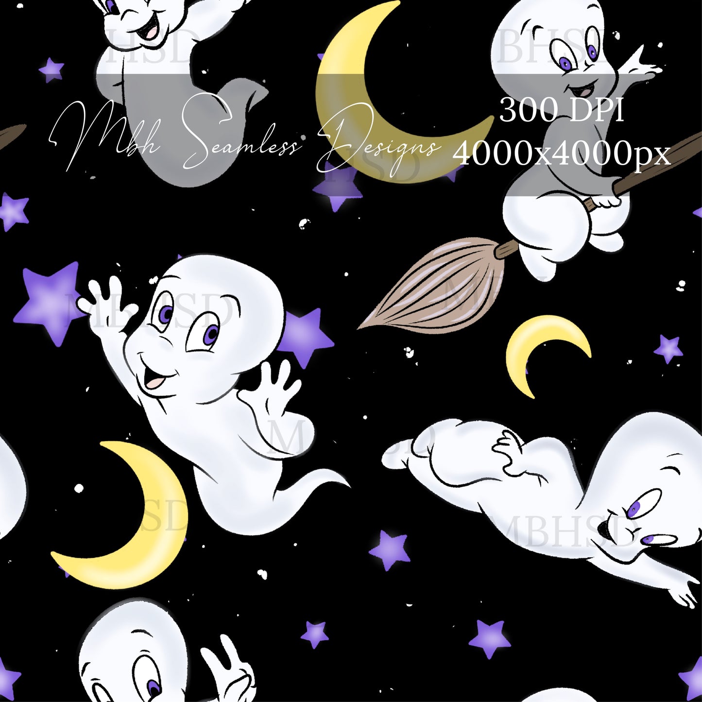 Midnight Casper Starry Moon Assorted Colorways Seamless Pattern