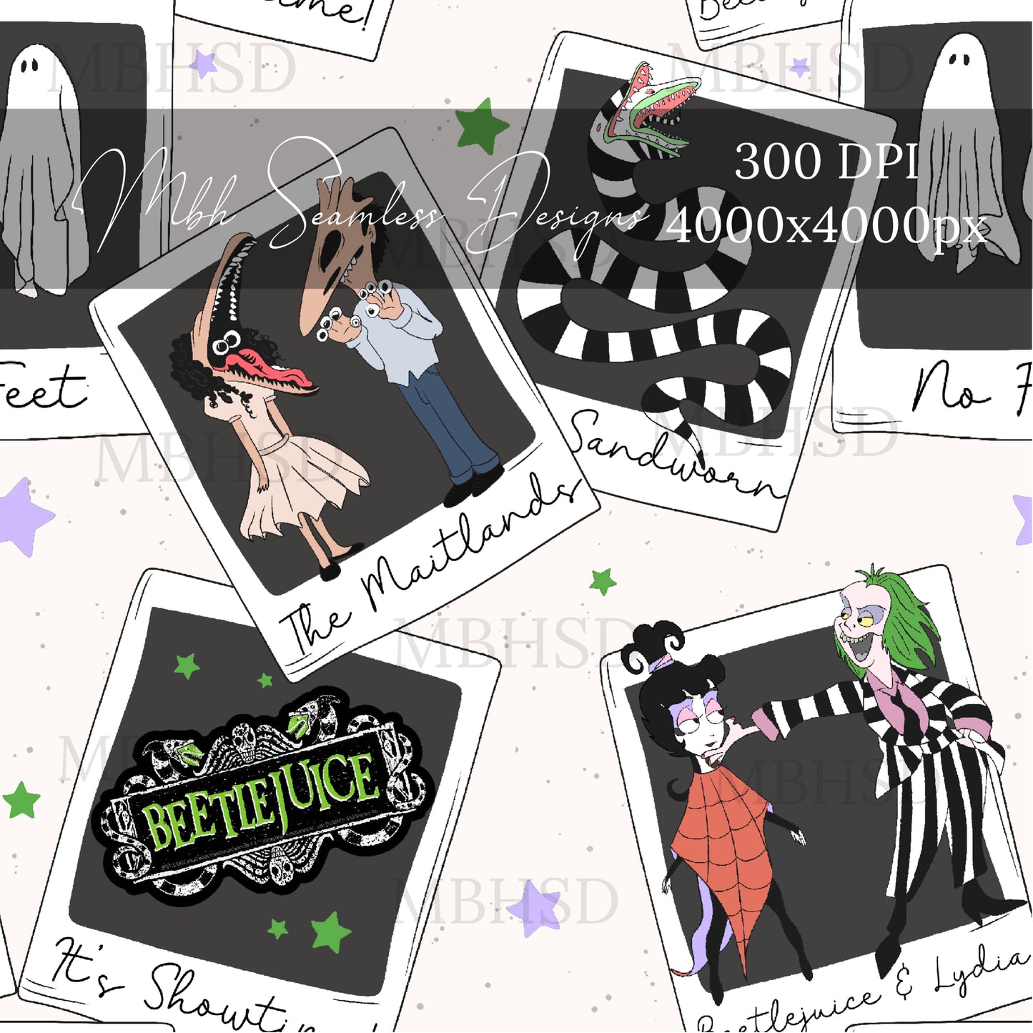 Beetlejuice Starry Polaroids Seamless Pattern