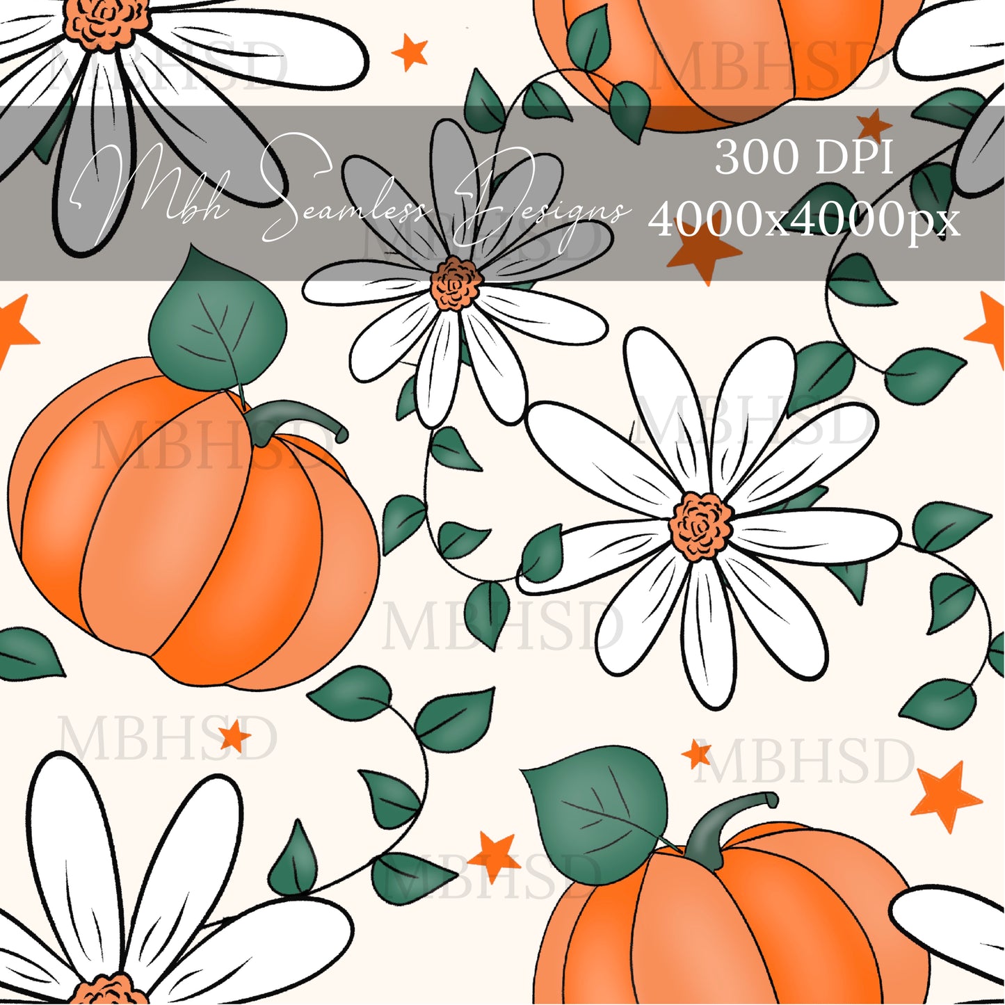 Starry Pumpkin Daisies Seamless Pattern