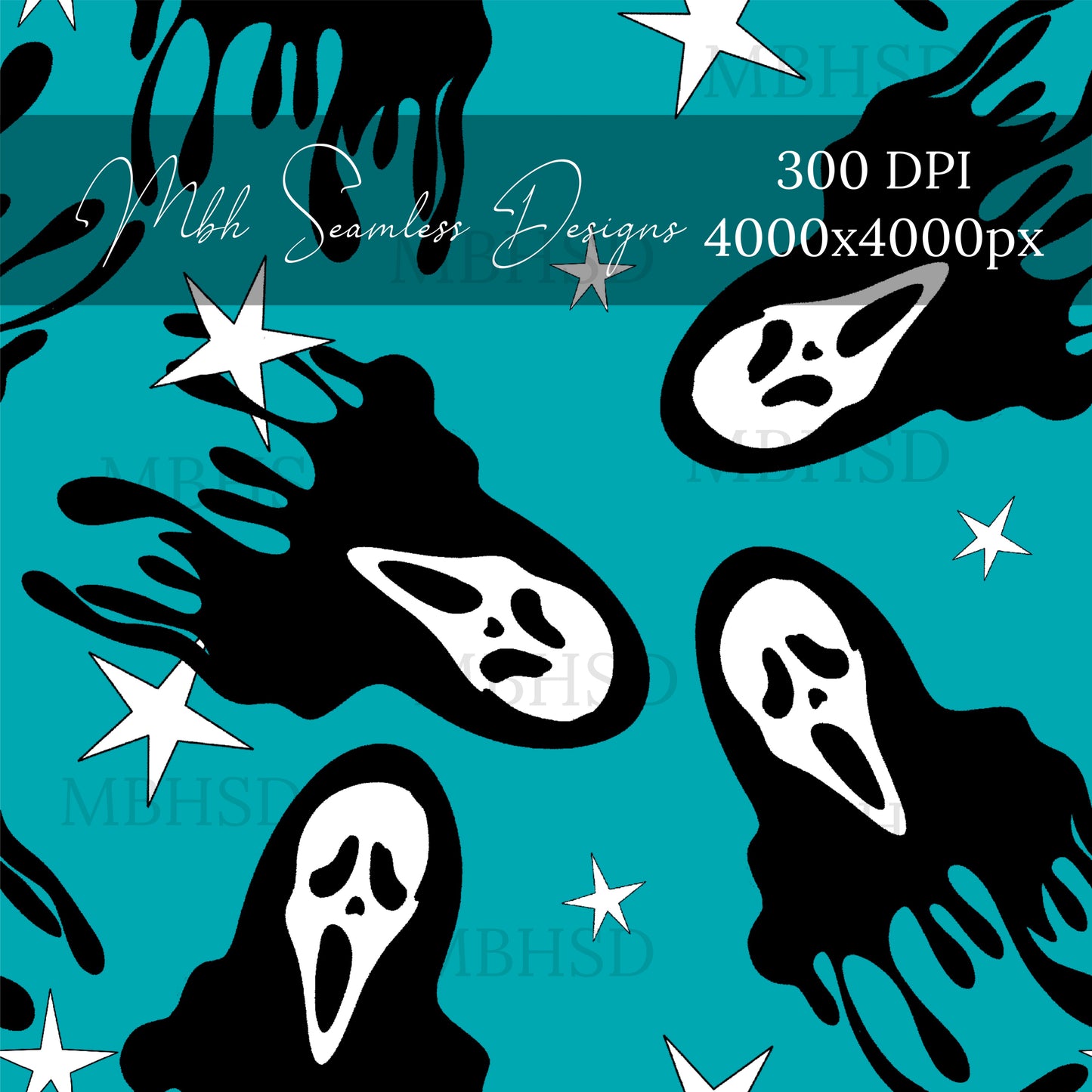 Ghost Face Starry Teal Seamless Pattern