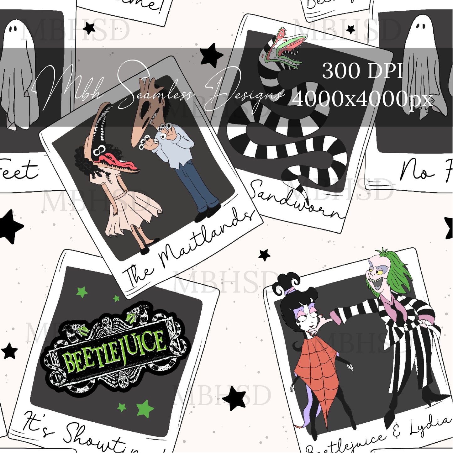 Beetlejuice Starry Polaroids Seamless Pattern
