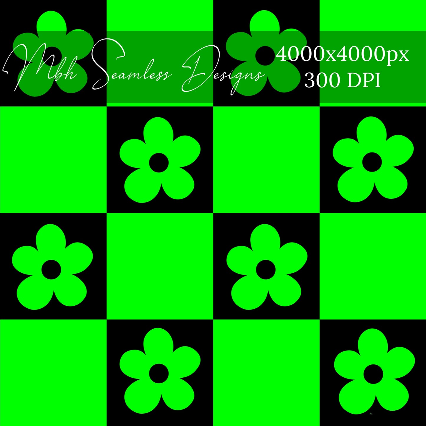 Neon Green Black Checkered Floral Seamless Pattern