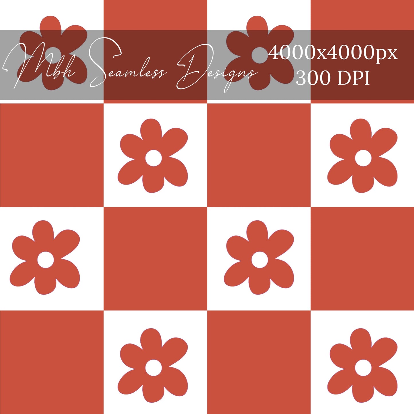 Burnt Orange Checkered Floral Seamless Pattern