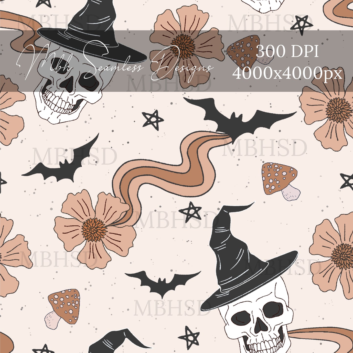 Groovy Witchy Skulls Seamless Pattern