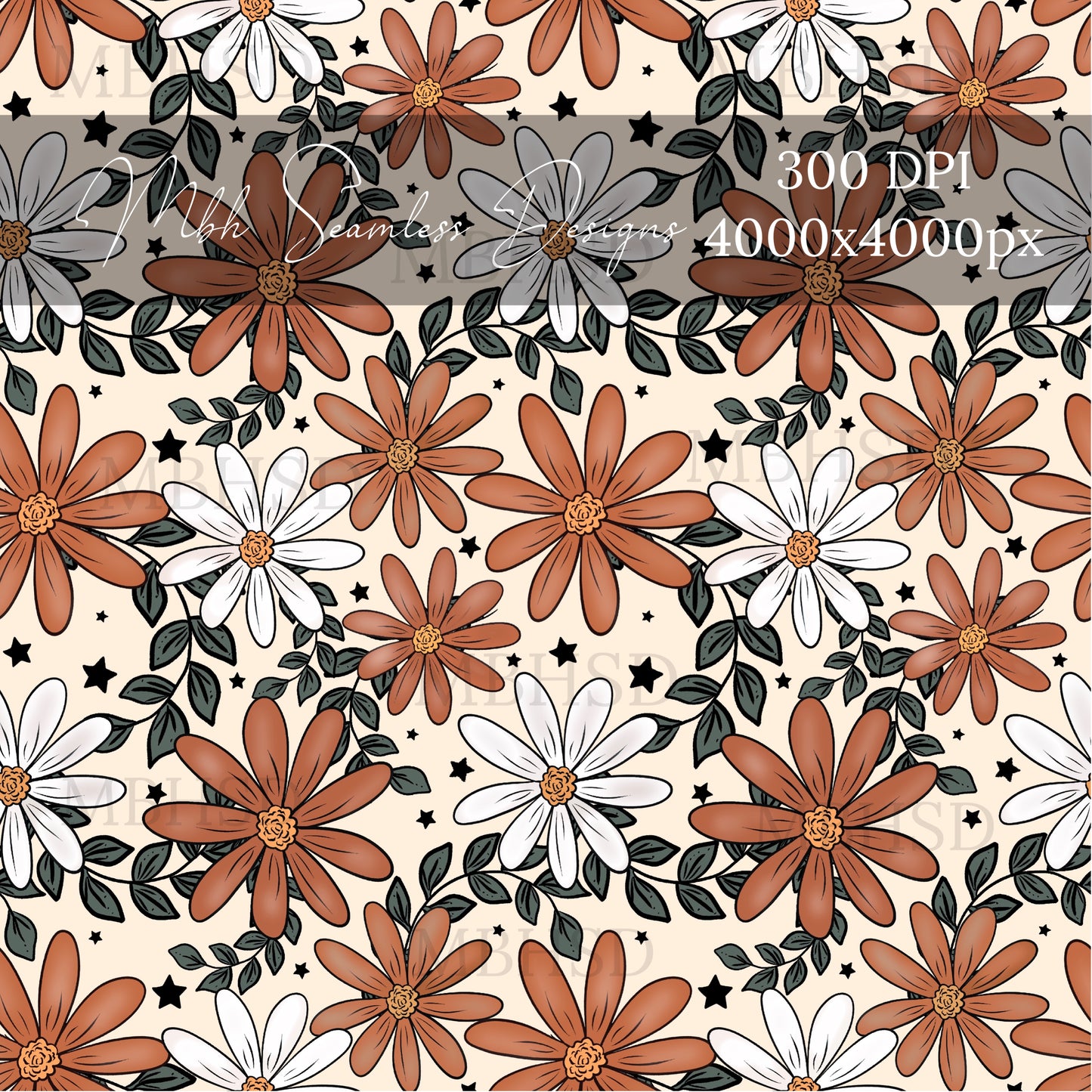 Rust Starry Daisies Seamless Pattern