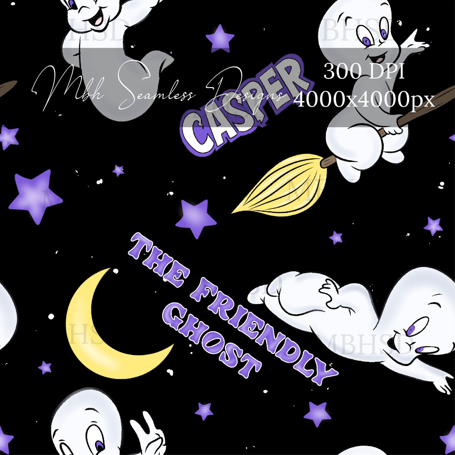 Midnight Starry Casper the Friendly Ghost Assorted Colorways Seamless Pattern