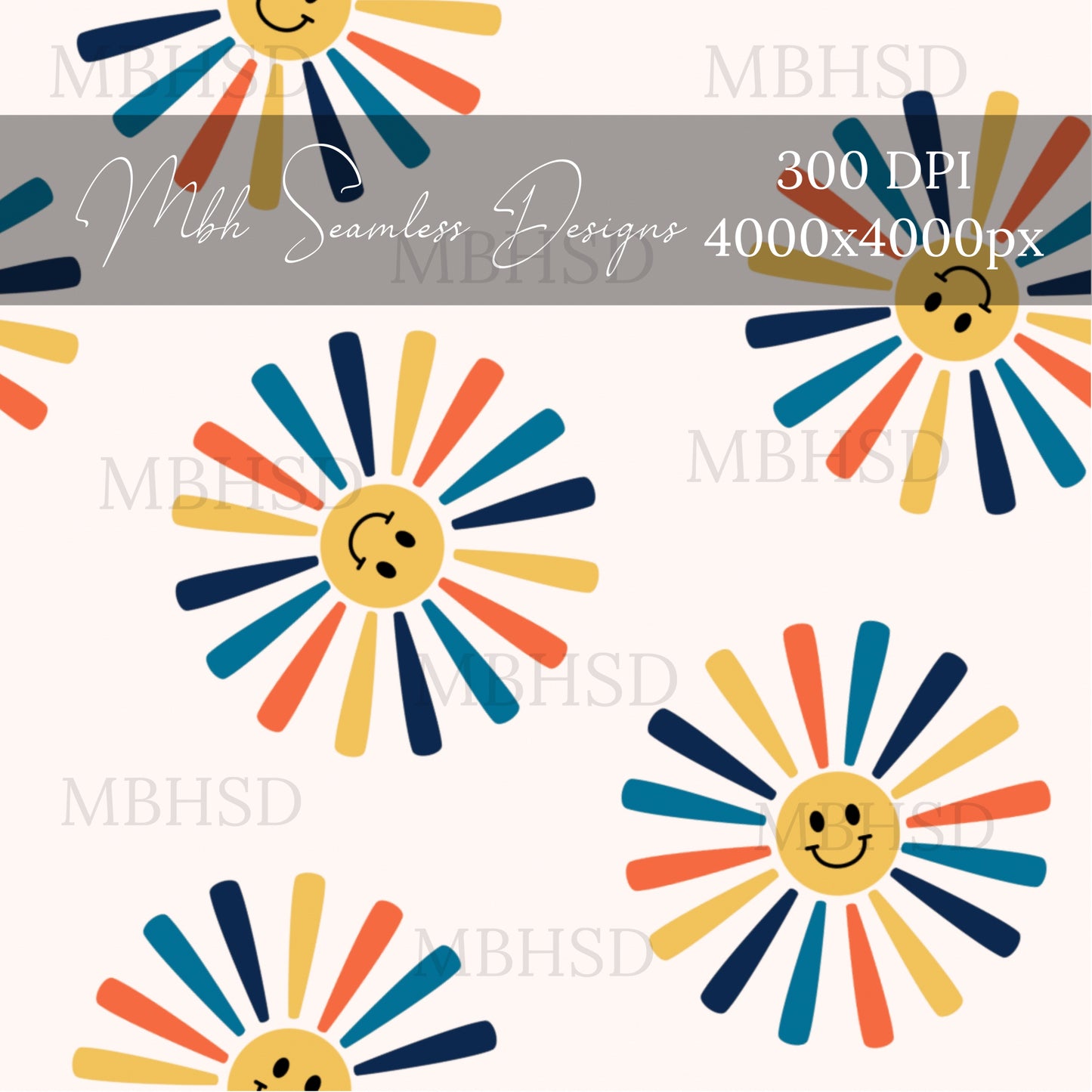 Hippie Retro Sunshine Seamless Pattern