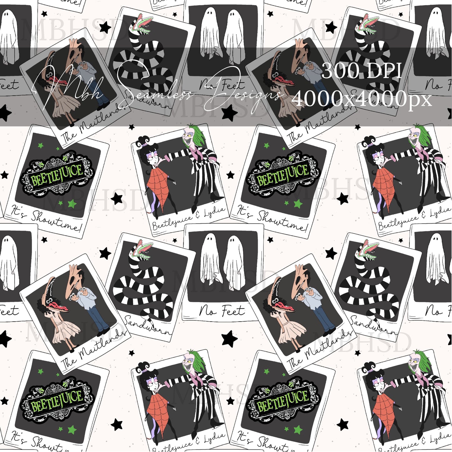 Beetlejuice Starry Polaroids Seamless Pattern