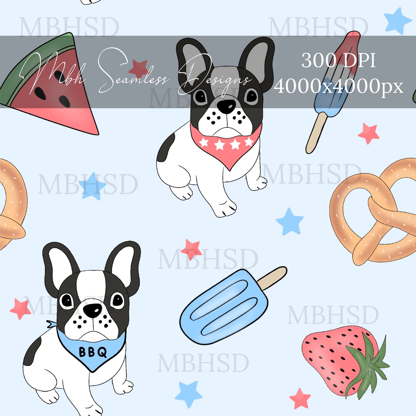 Frenchie BBQ Treats Blue Seamless Pattern