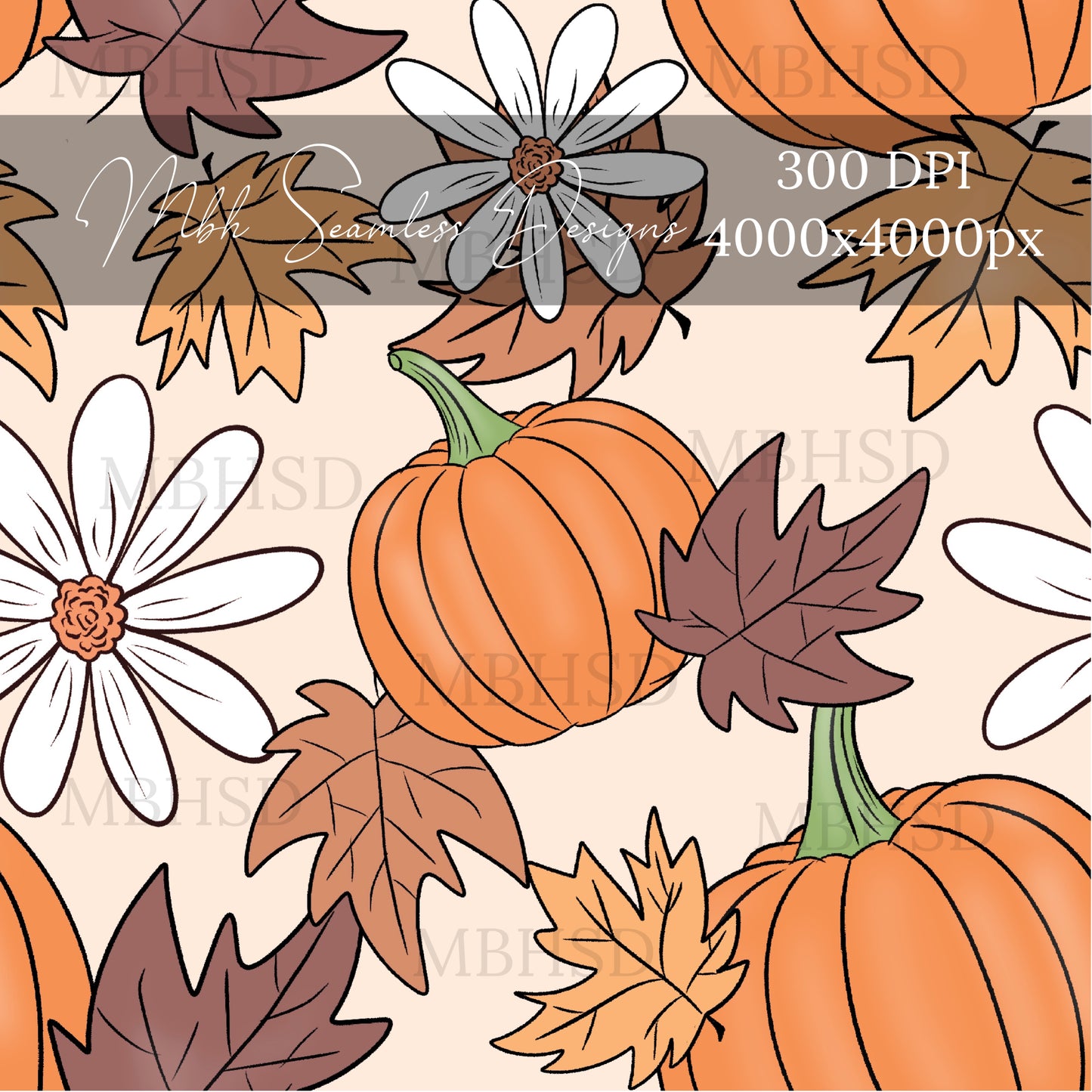 Pumpkin Floral Leaves Seamless Pattern