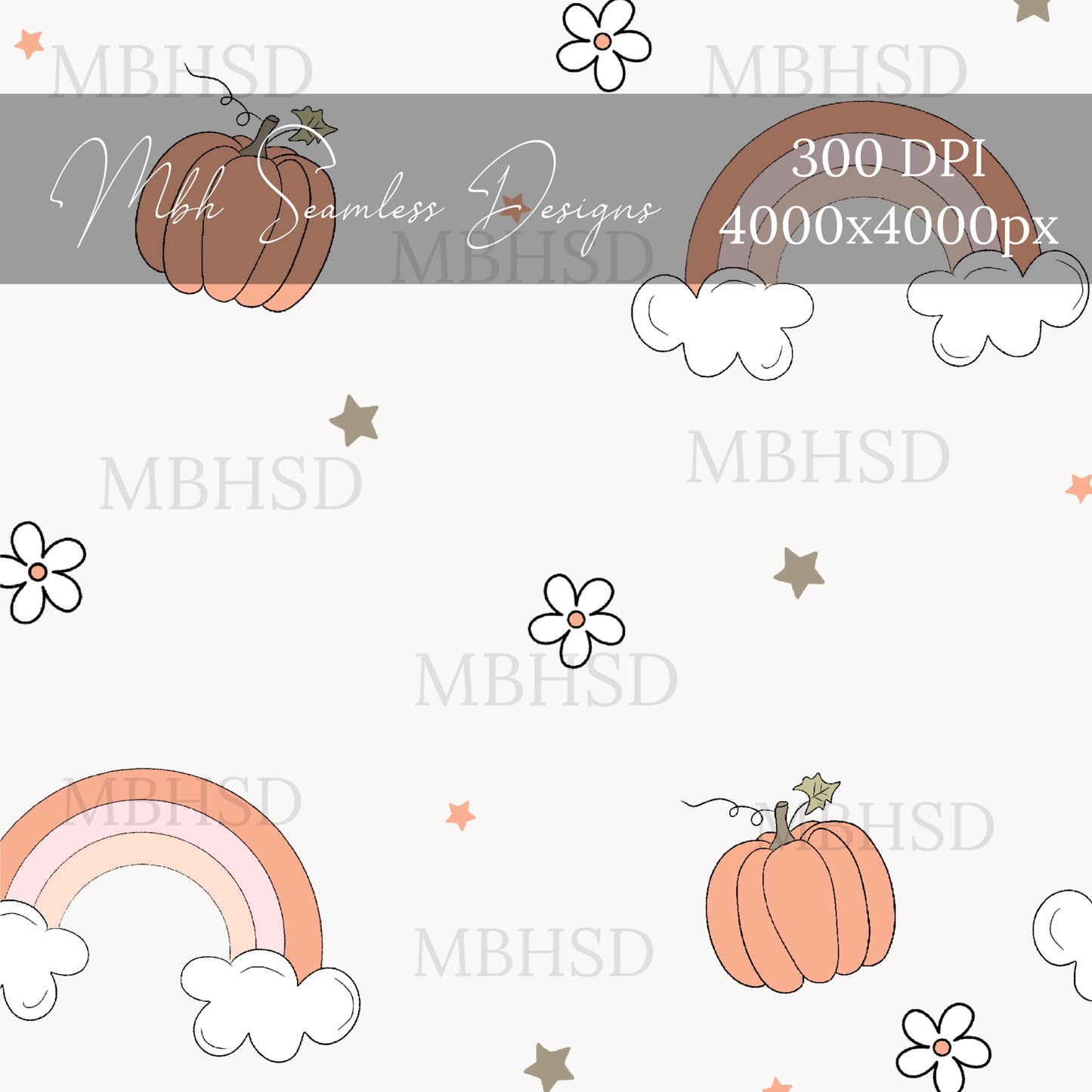 Cute Starry Pumpkin Rainbows Seamless Pattern