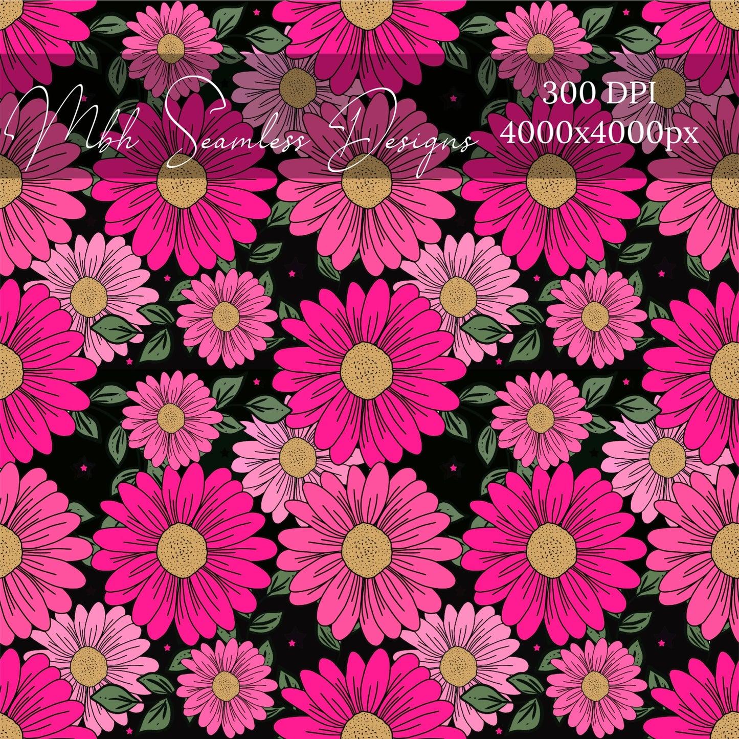 Midnight Bright Pink Daisies Seamless Pattern