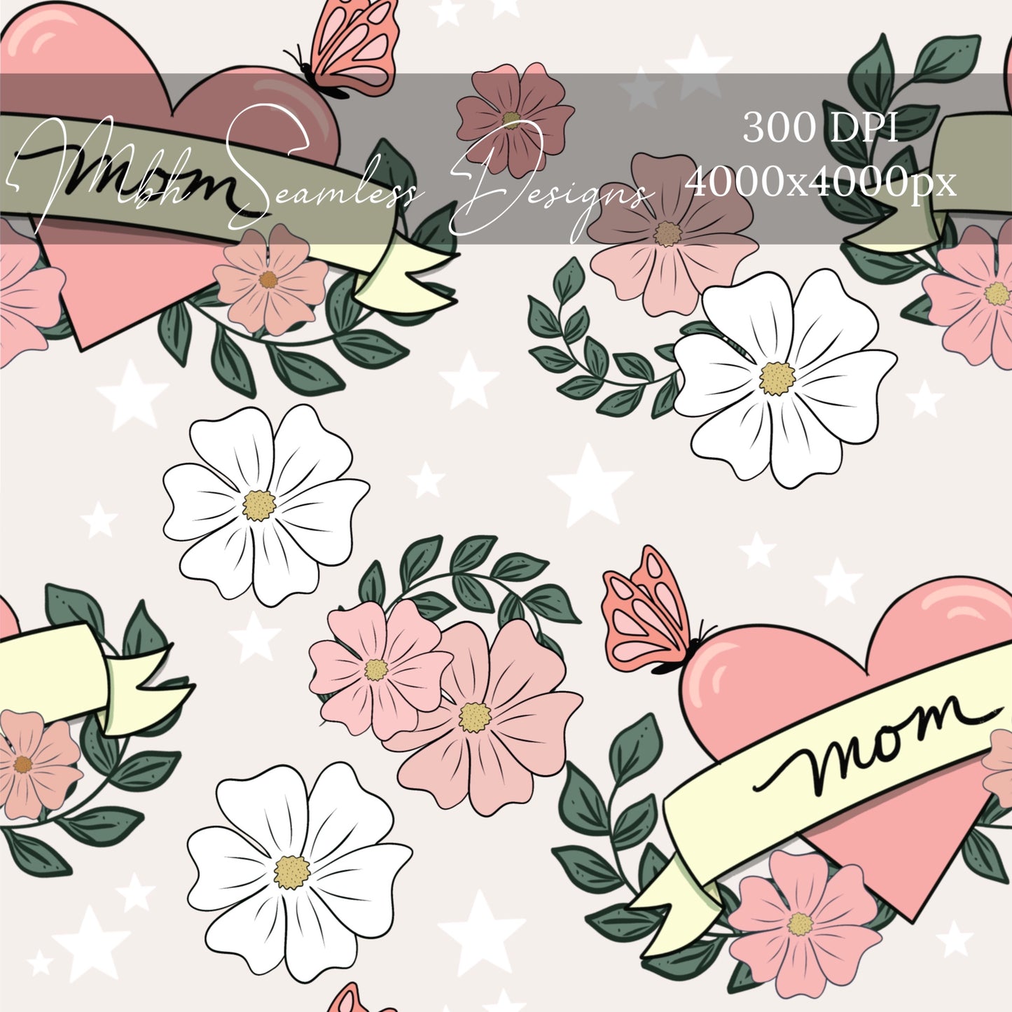 Floral Mom Tattoo Heart Seamless Pattern