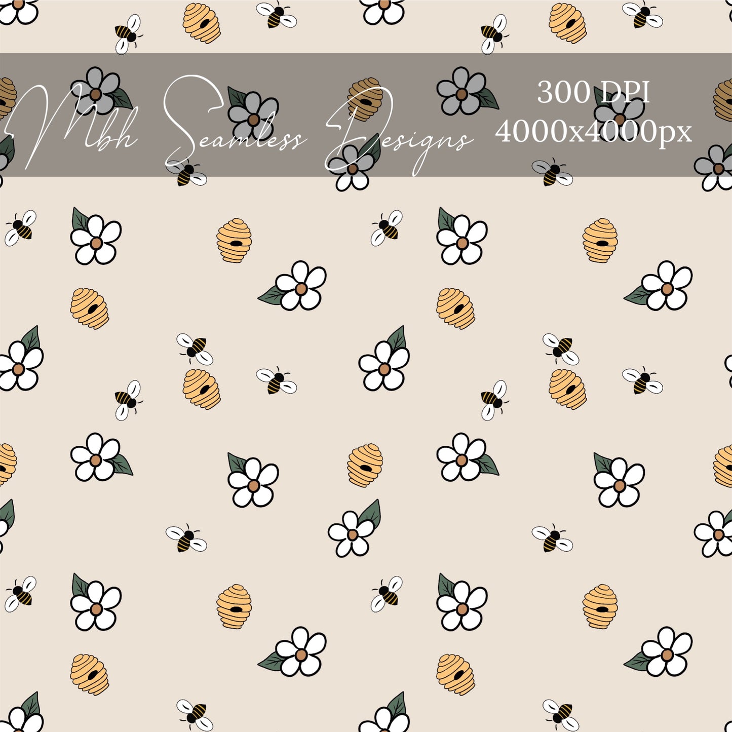 Boho Bee Hive Daisies Seamless Pattern