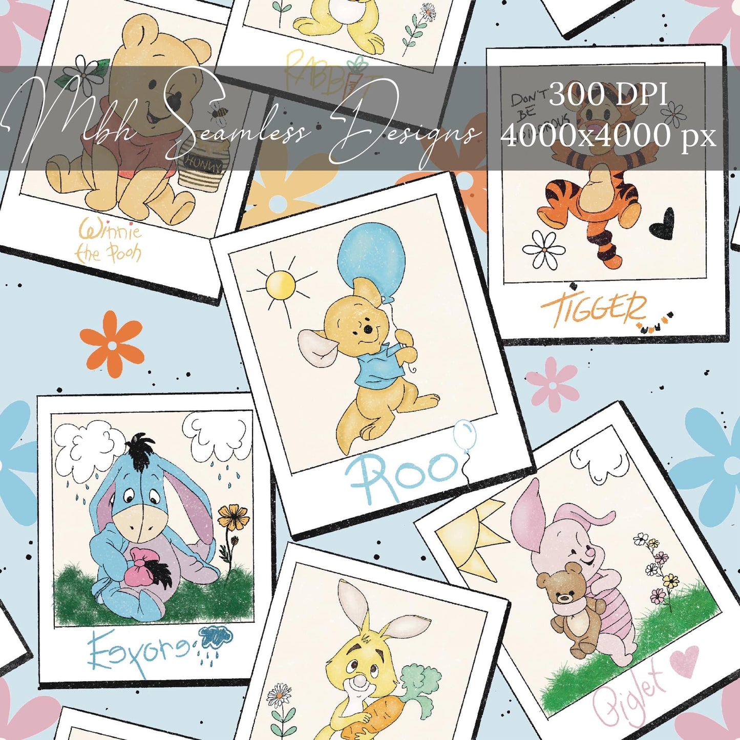 Pooh & Friends Polaroids BLUE Seamless Pattern