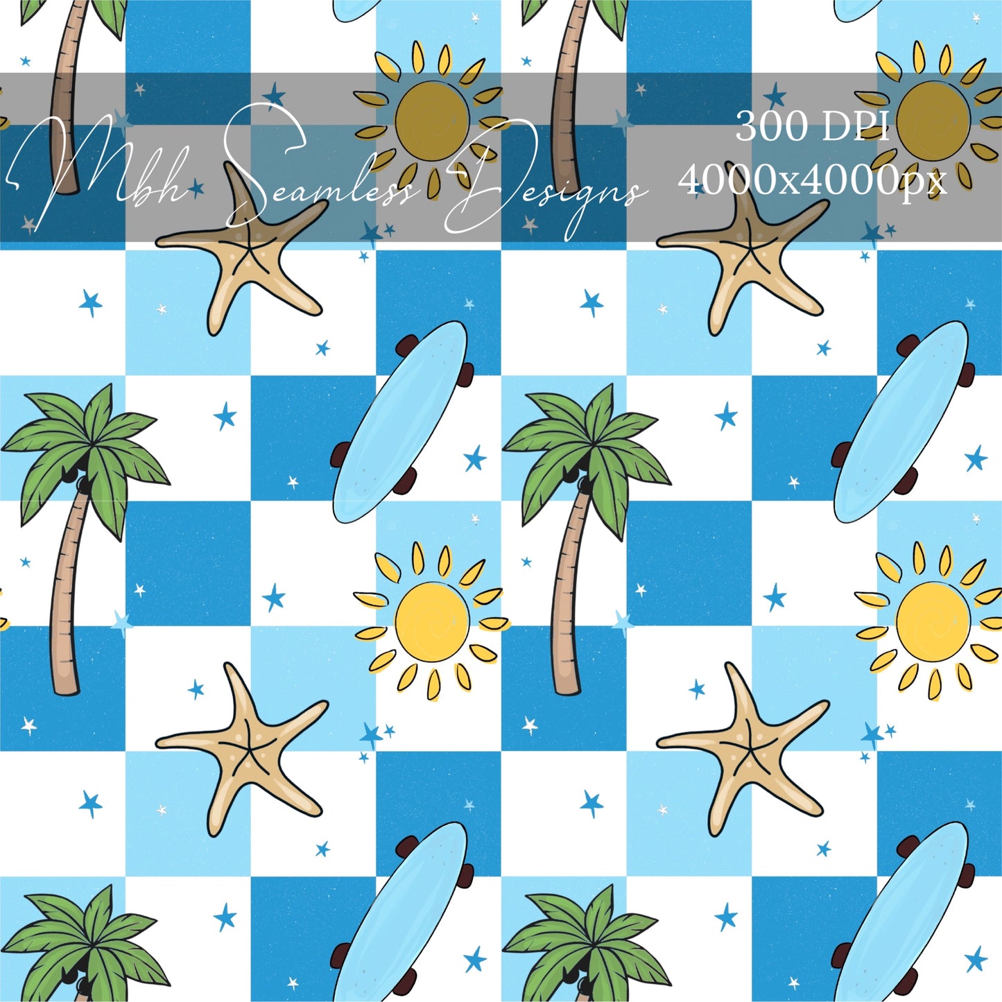 Blue Checkered Summer Seamless Pattern