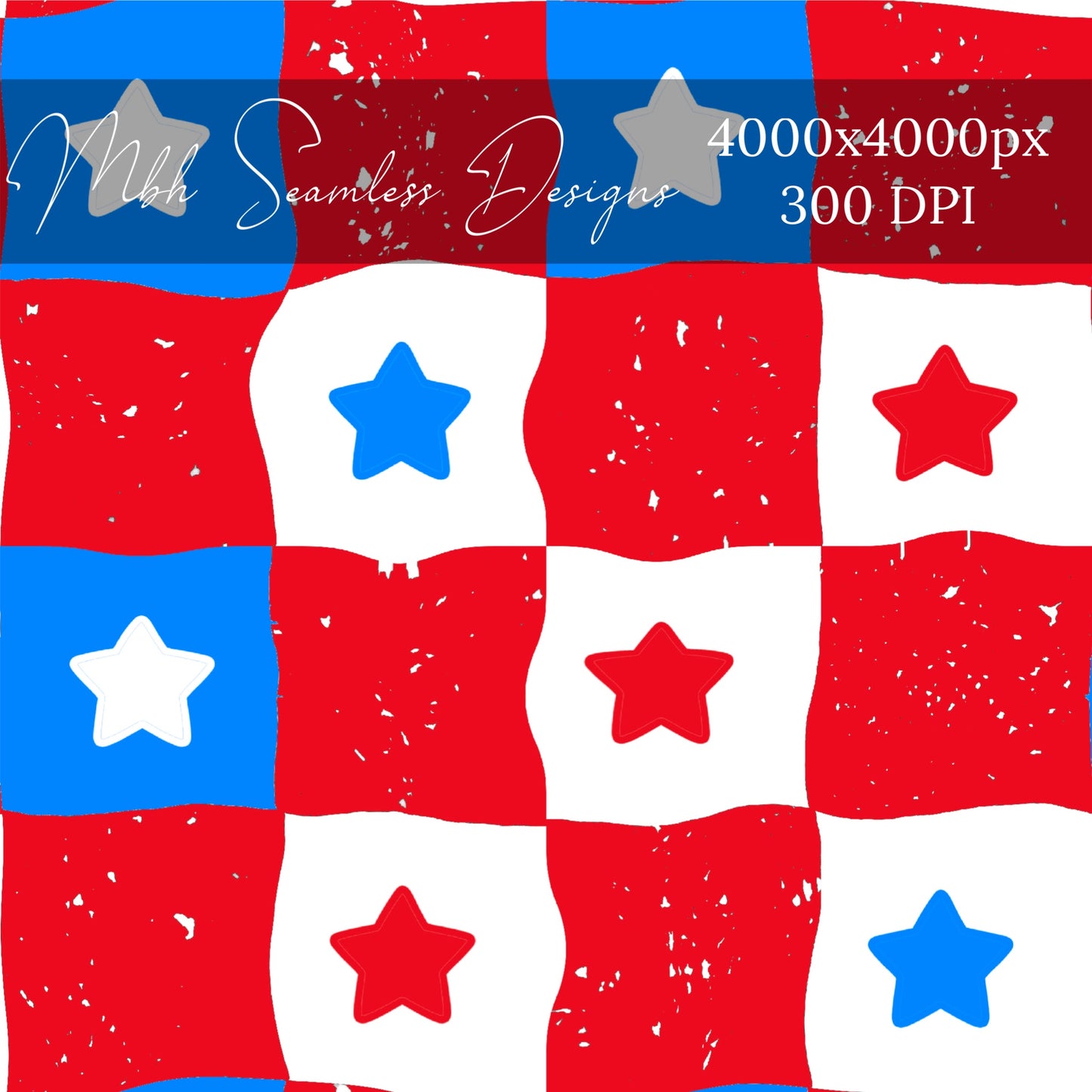 Wavy Patriotic Starry Checkerboard Seamless Pattern