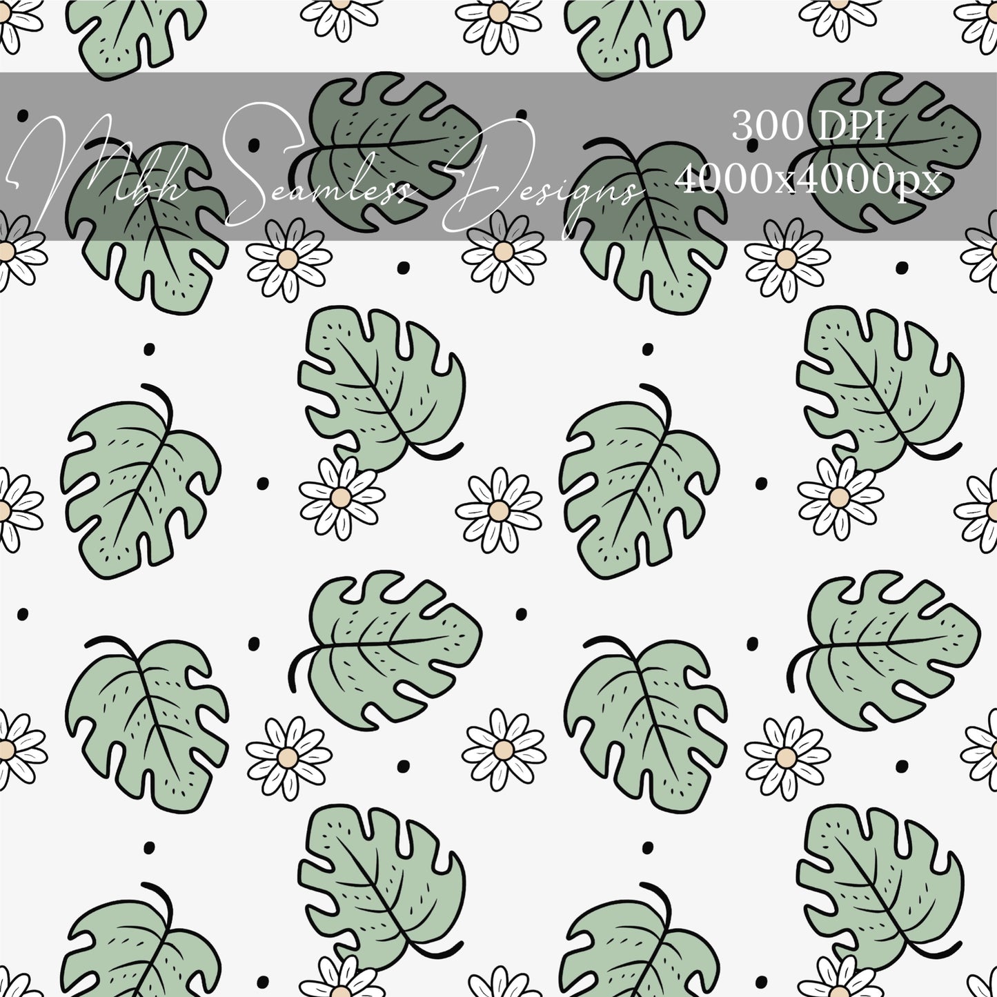 Boho Monstera Daisies Seamless Pattern