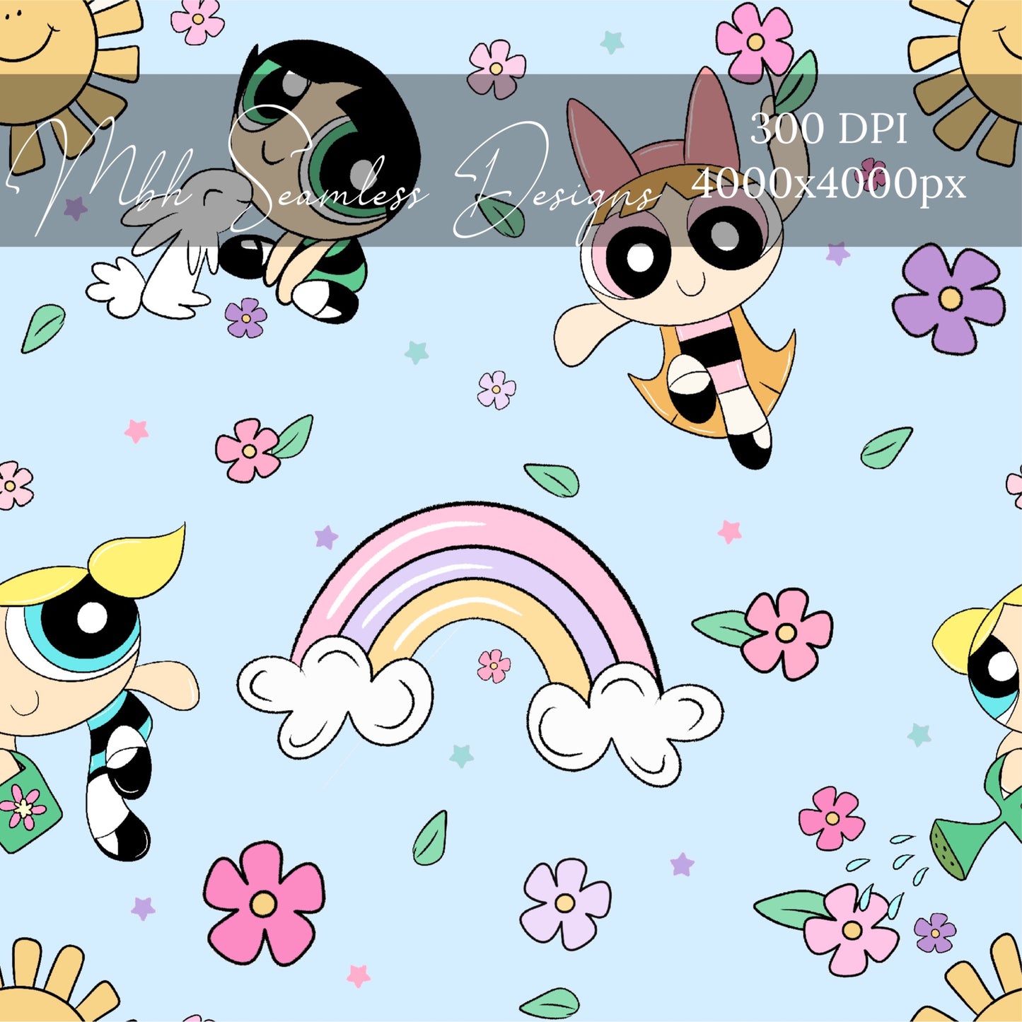 PPG Sunny Rainbow Floral BLUE Seamless Pattern